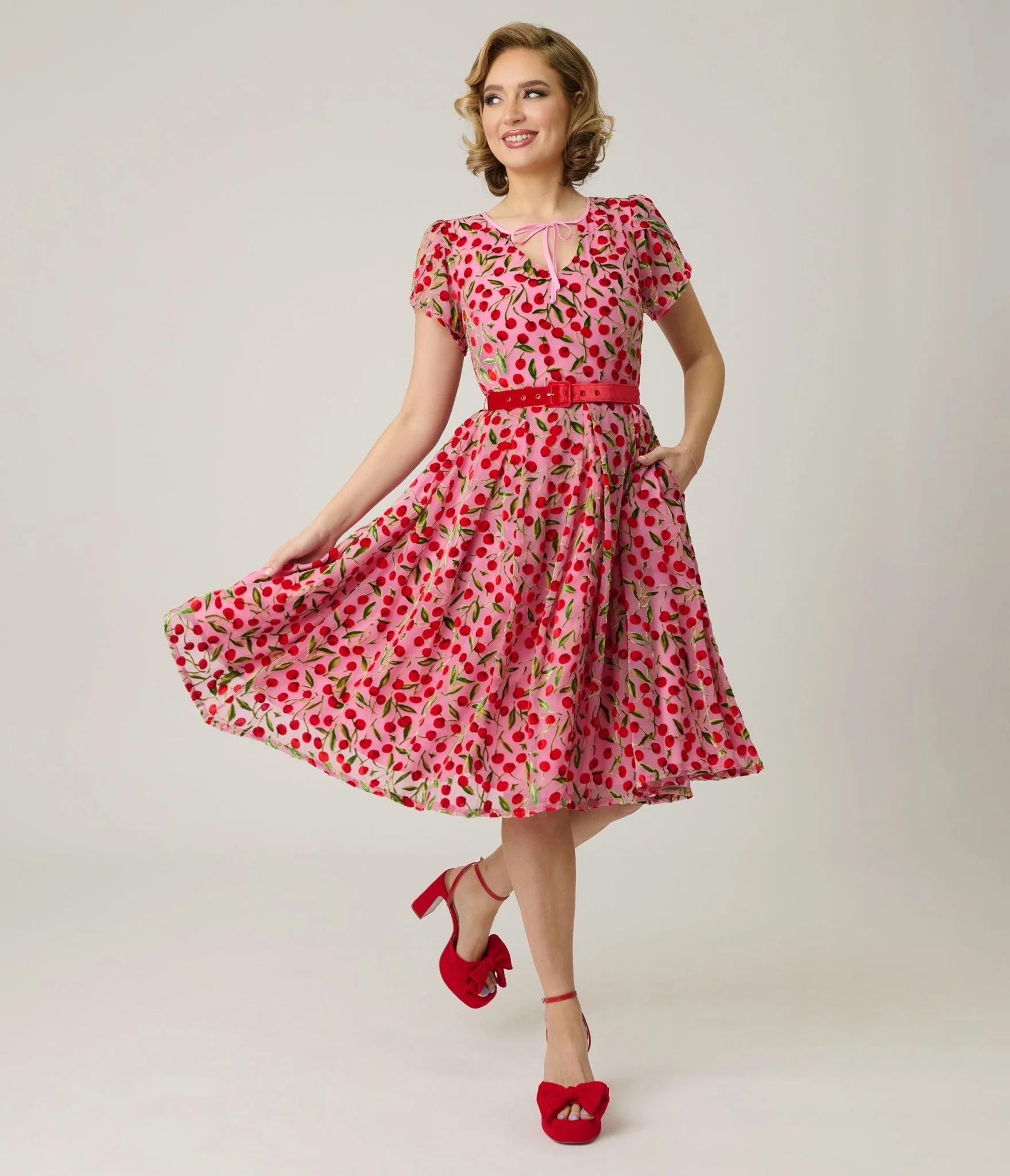 Unique Vintage Pink Velvet Cherries Dahlia Swing Dress - Image 4