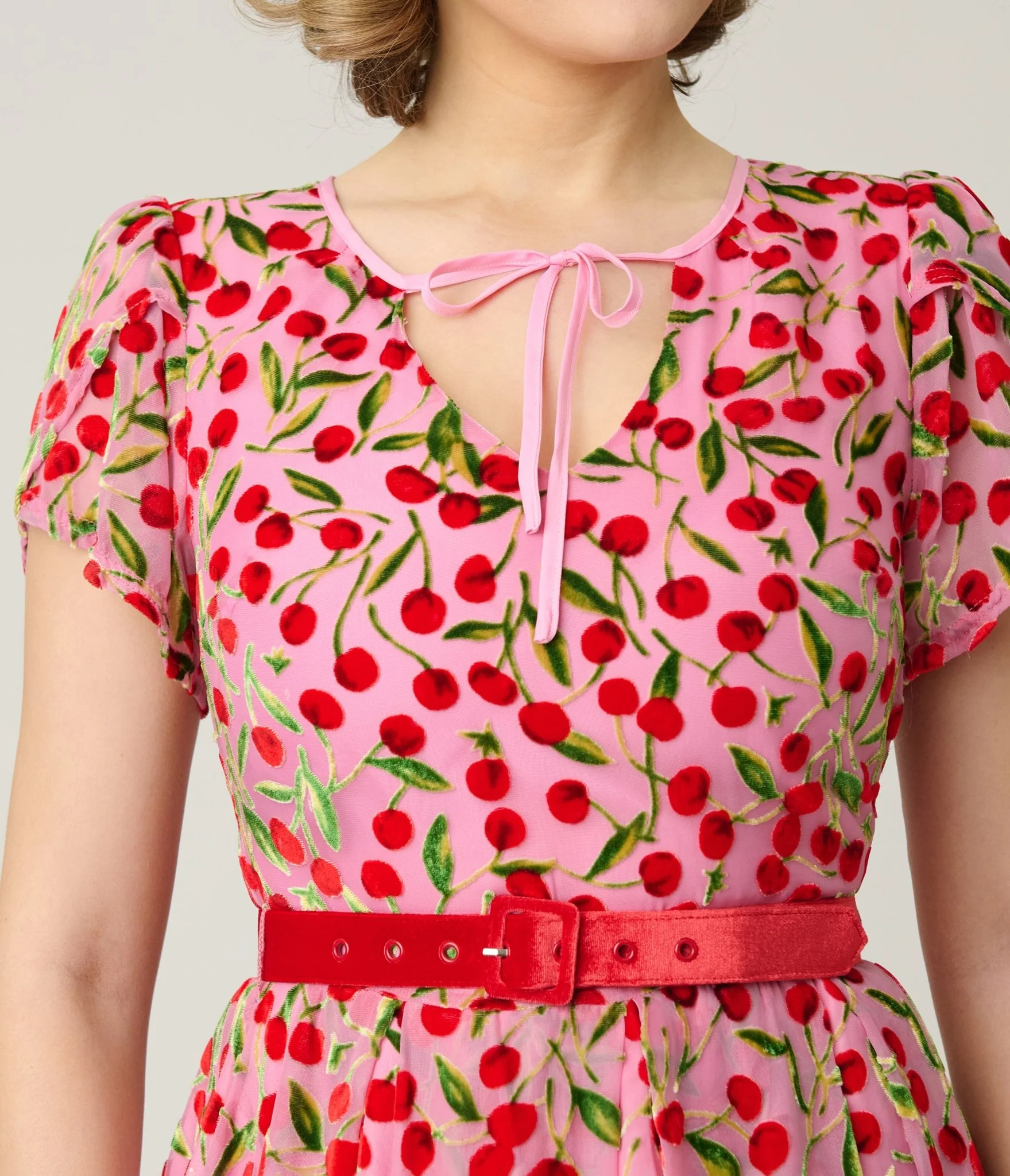Unique Vintage Pink Velvet Cherries Dahlia Swing Dress - Image 5