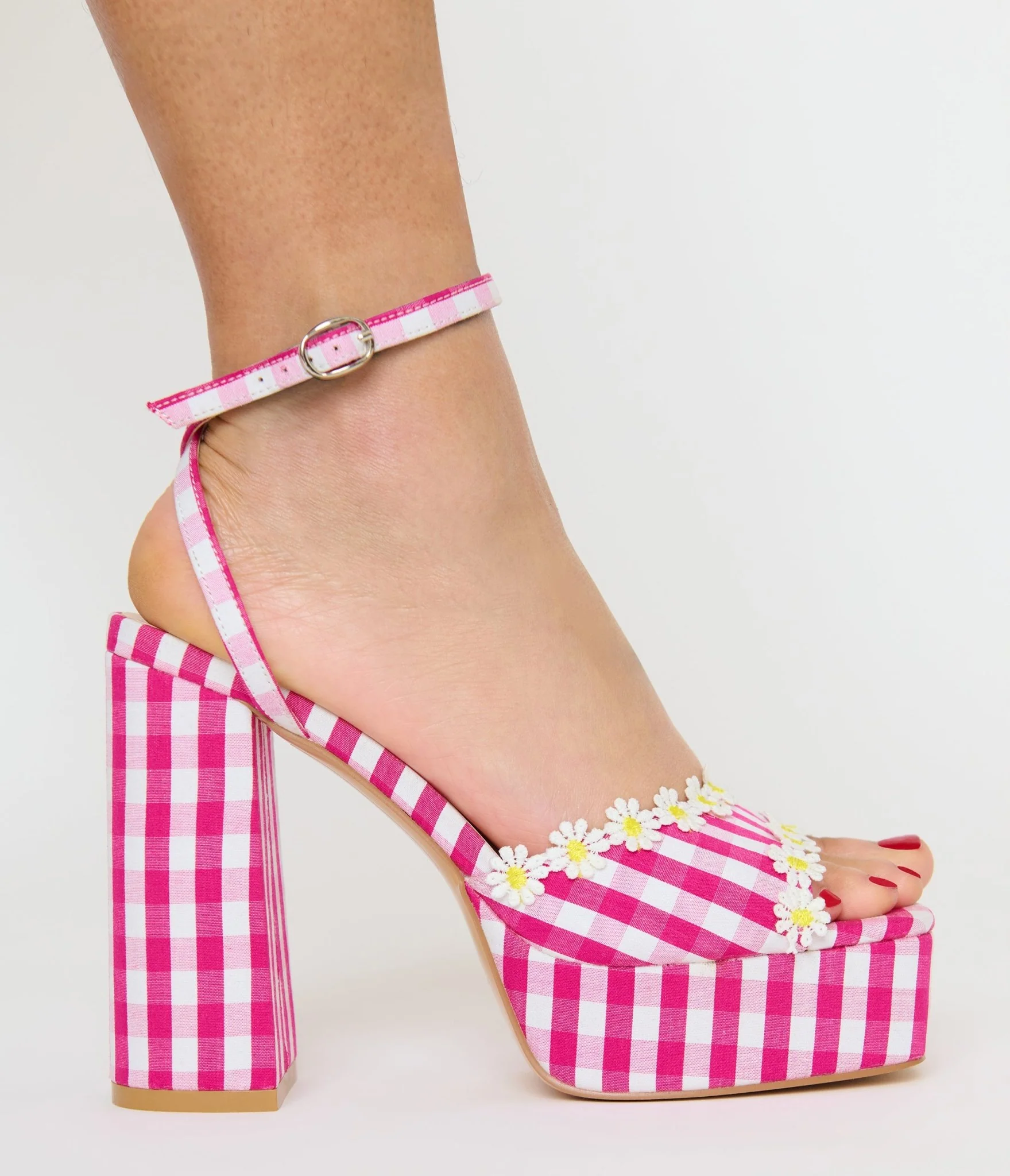 Unique Vintage Pink & White Gingham Platform Heels