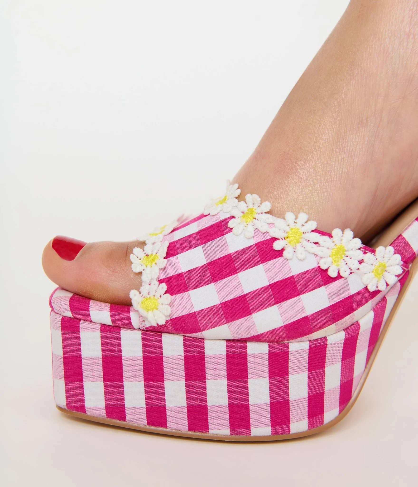 Unique Vintage Pink & White Gingham Platform Heels - Image 3