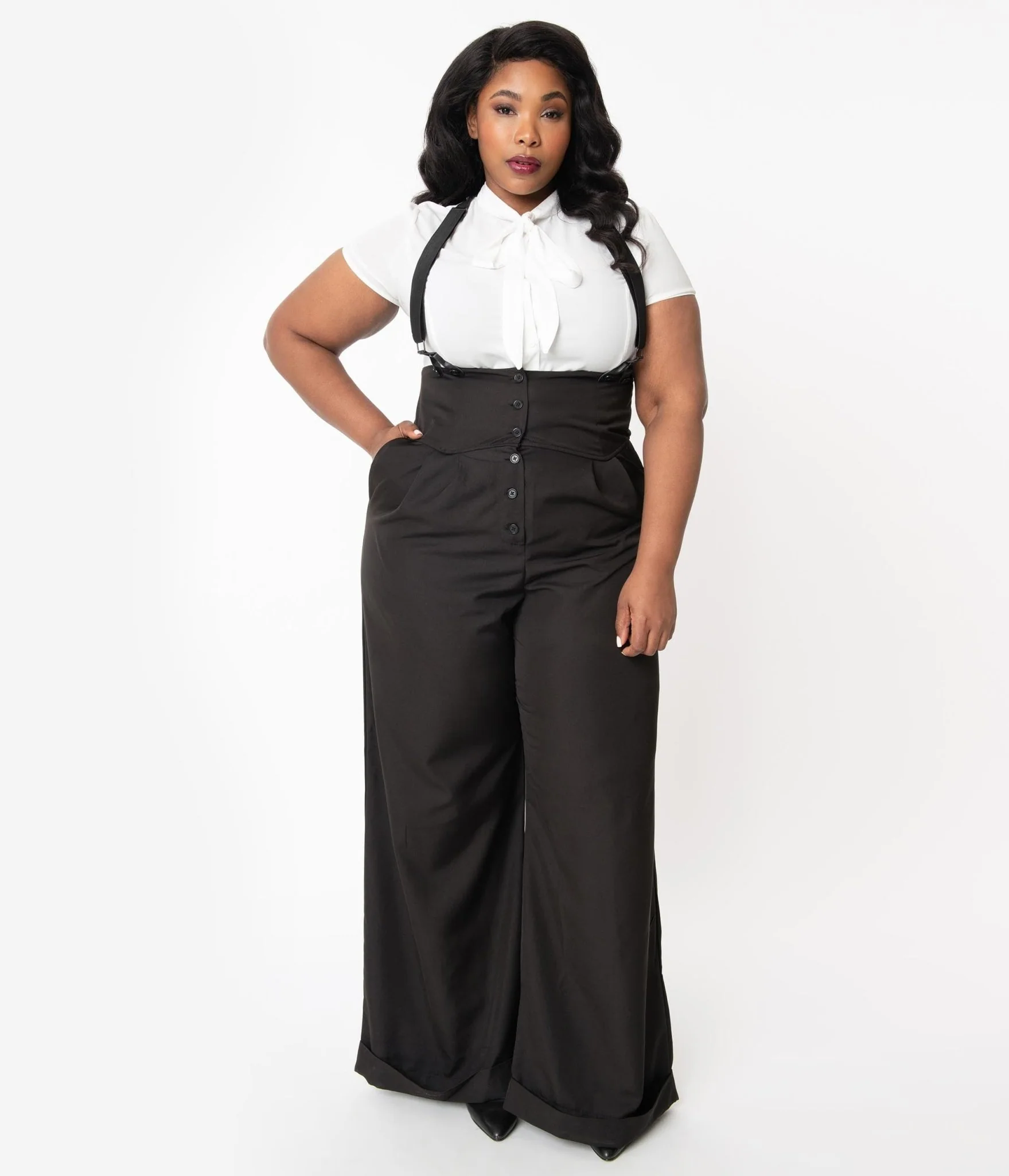 Unique Vintage Plus Size 1930s Black Thelma Suspender Pants - Image 5