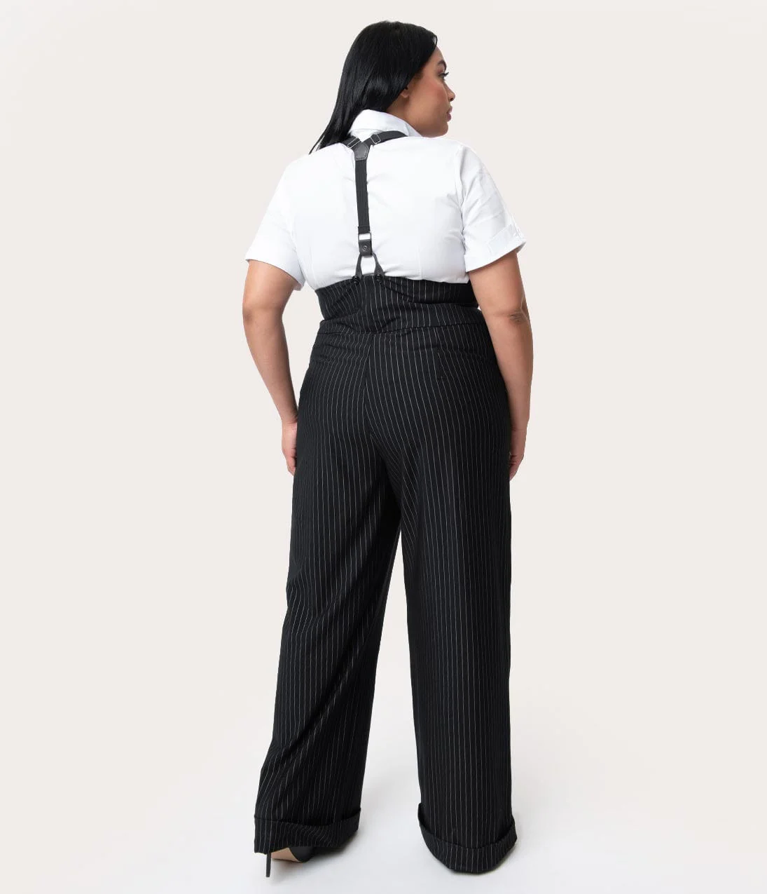 Unique Vintage Plus Size 1930s Black & White Pin Stripe Thelma Suspender Pants - Image 2