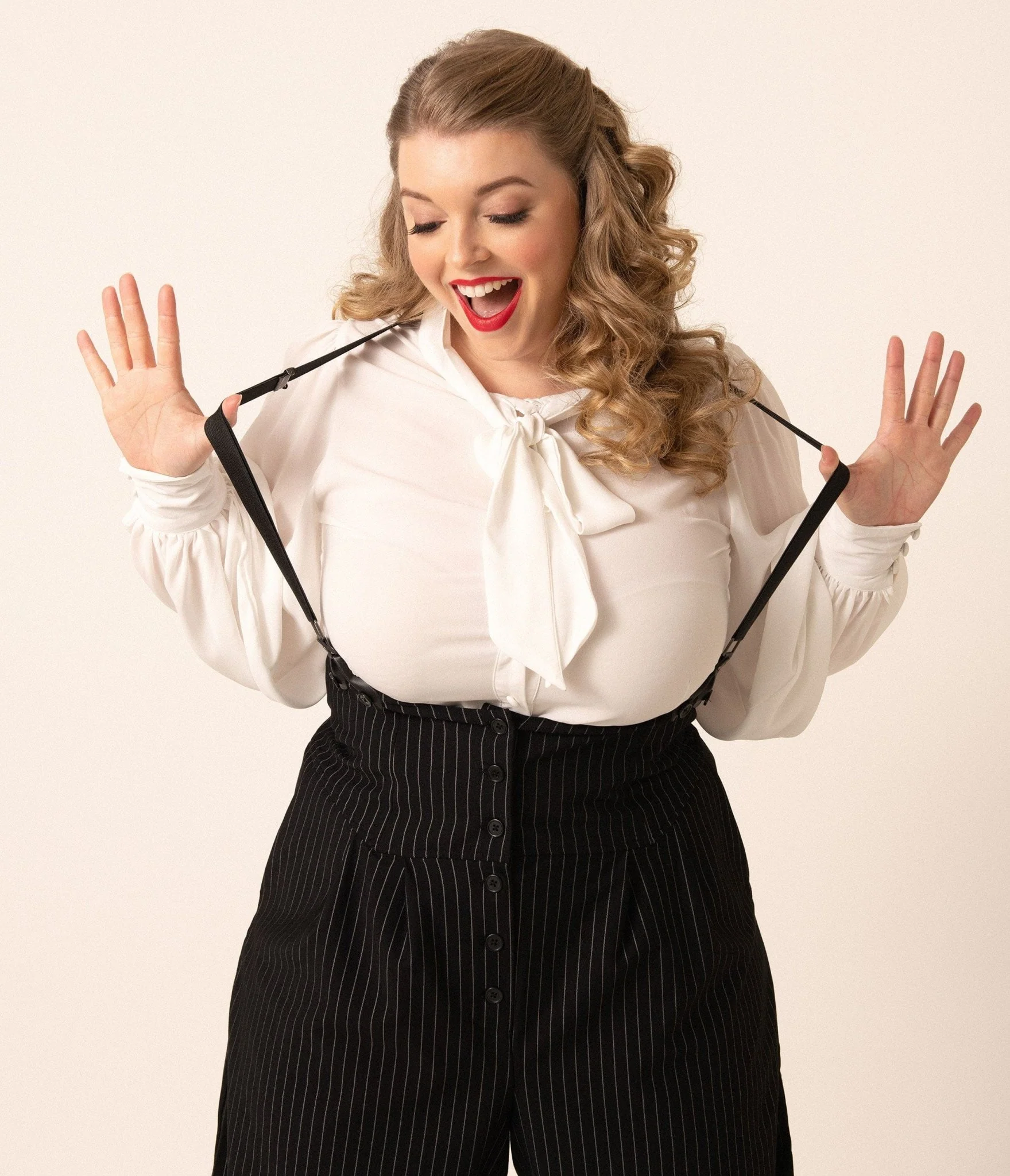 Unique Vintage Plus Size 1930s Black & White Pin Stripe Thelma Suspender Pants - Image 3