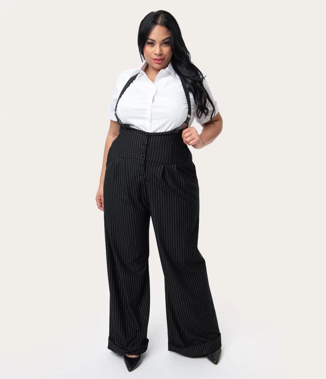 Unique Vintage Plus Size 1930s Black & White Pin Stripe Thelma Suspender Pants - Image 4