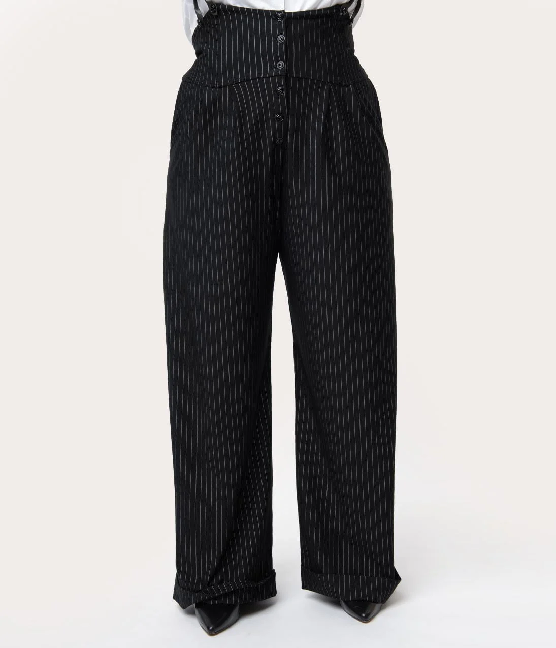 Unique Vintage Plus Size 1930s Black & White Pin Stripe Thelma Suspender Pants - Image 5