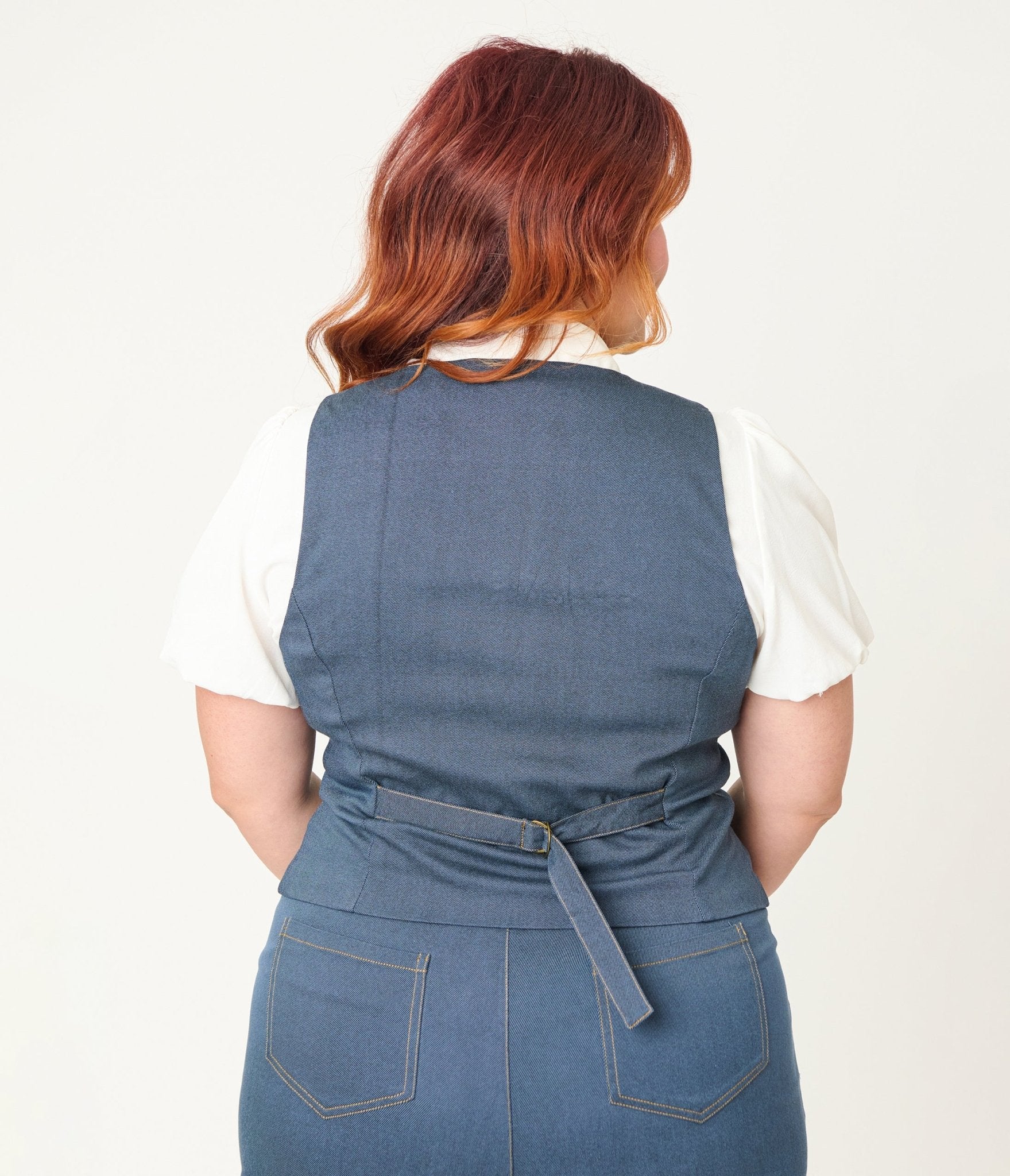 Unique Vintage Plus Size 1940s Denim Embroidered Button Up Vest - Image 2