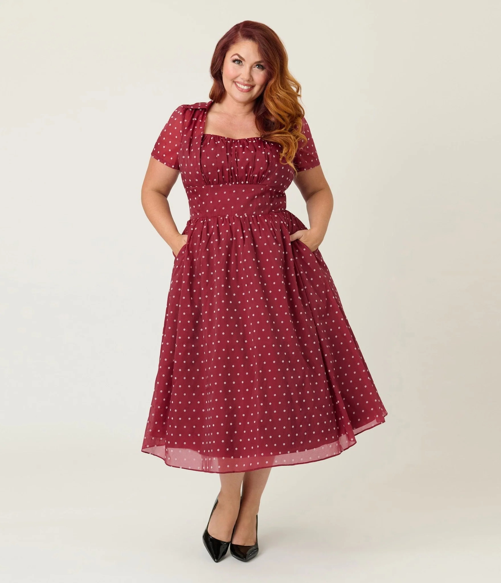 Unique Vintage Plus Size Burgundy & White Swiss Dot Libby Swing Dress - Image 3