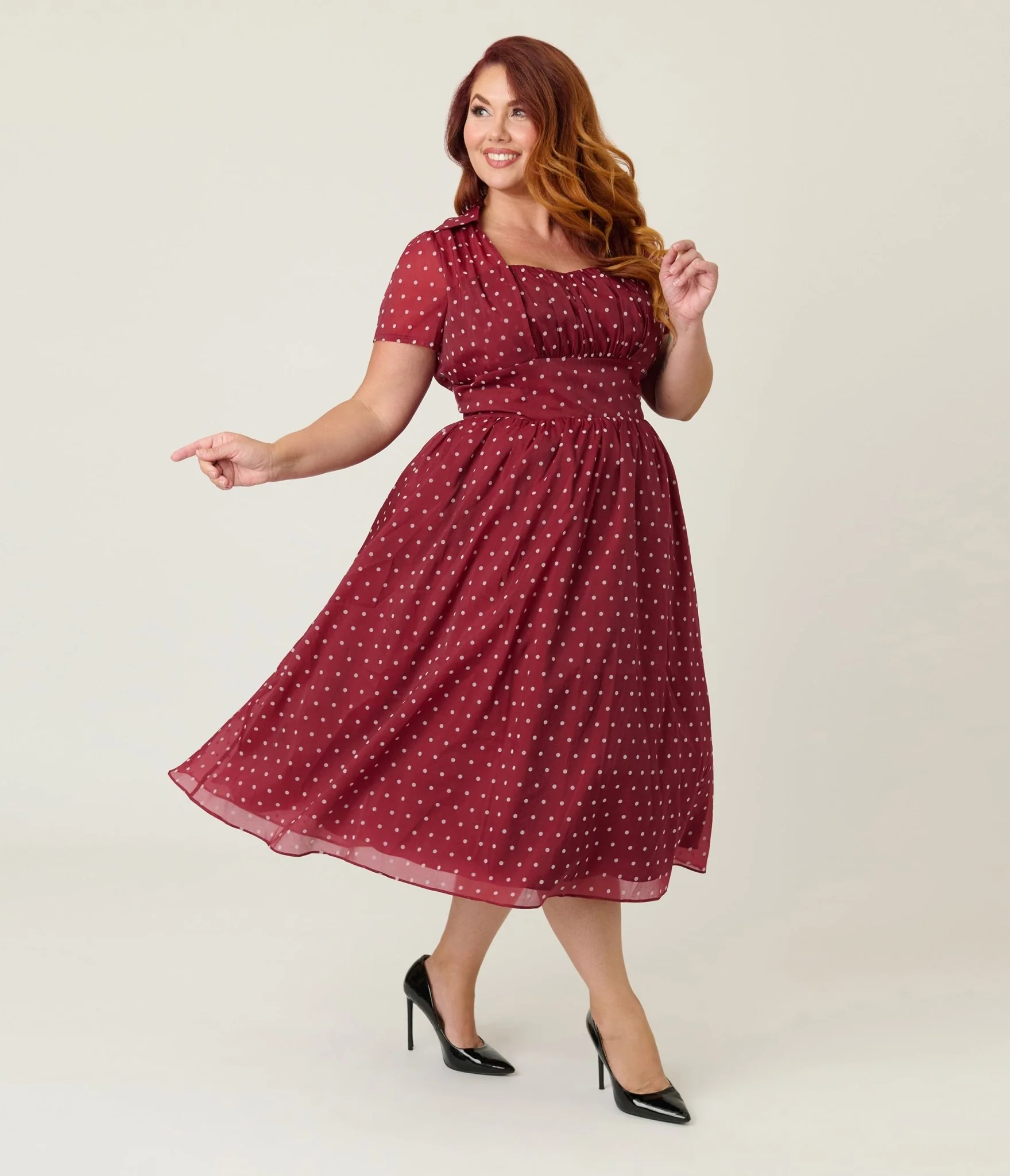 Unique Vintage Plus Size Burgundy & White Swiss Dot Libby Swing Dress - Image 4