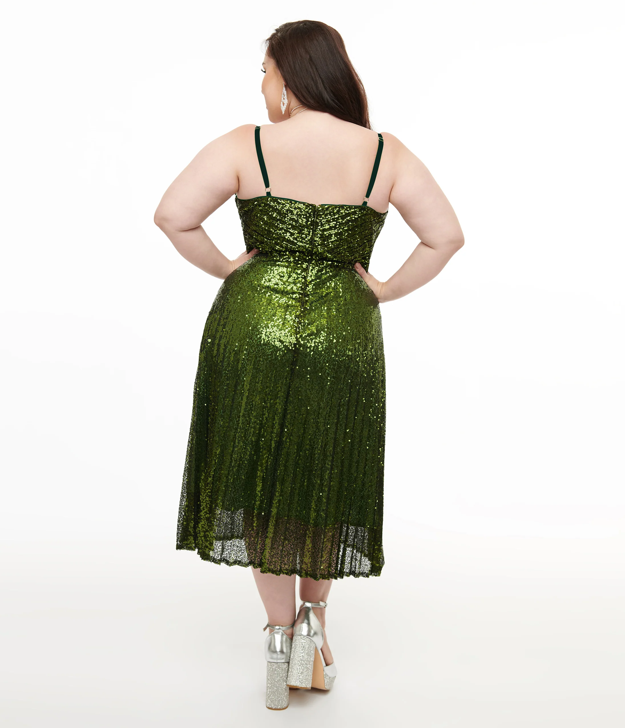 Unique Vintage Plus Size 1950s Emerald Pleated Sequin Swing Dress - Image 2