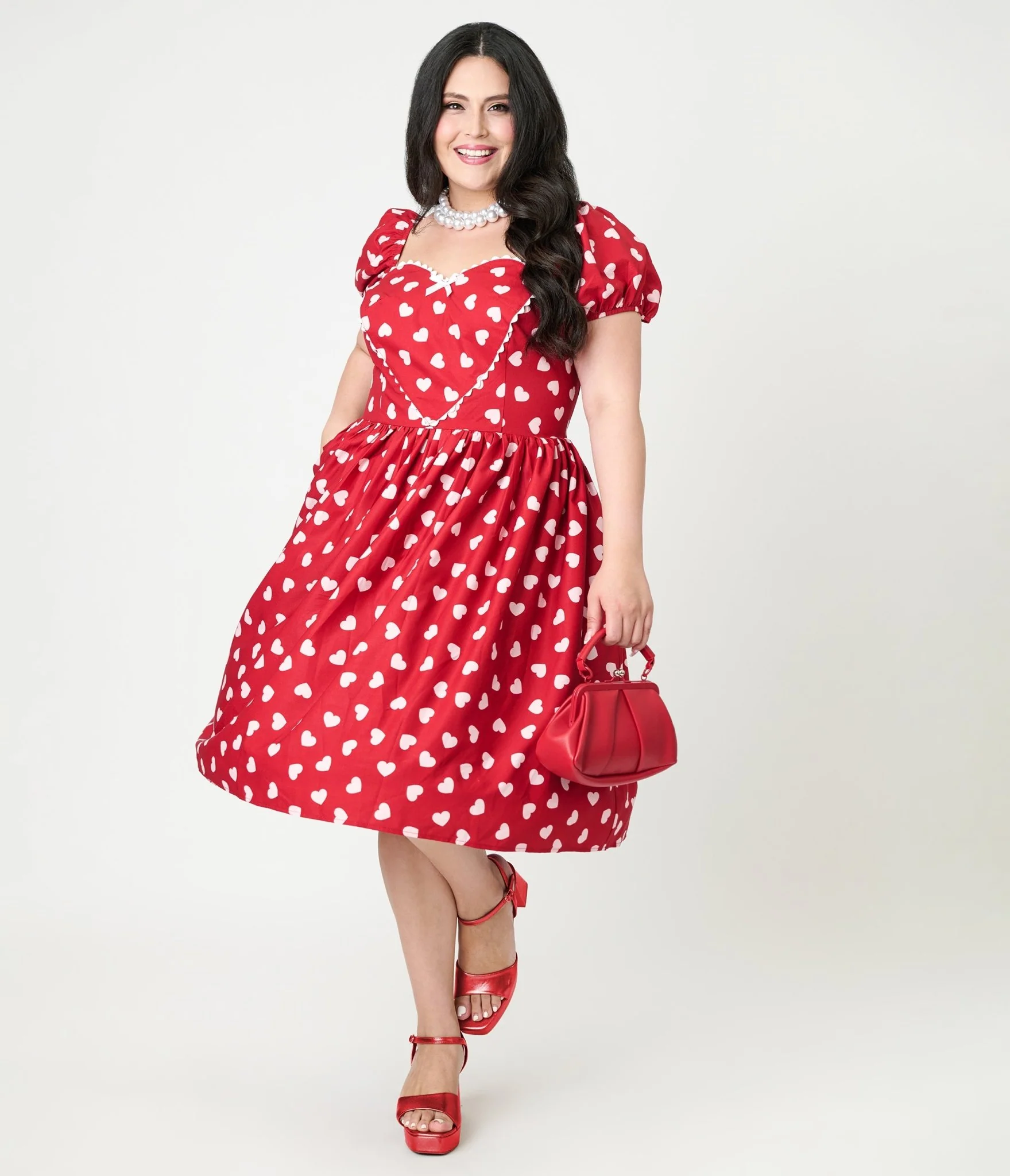 Unique Vintage Plus Size 1950s Red & Pink Heart Convertible Sweetheart Dress