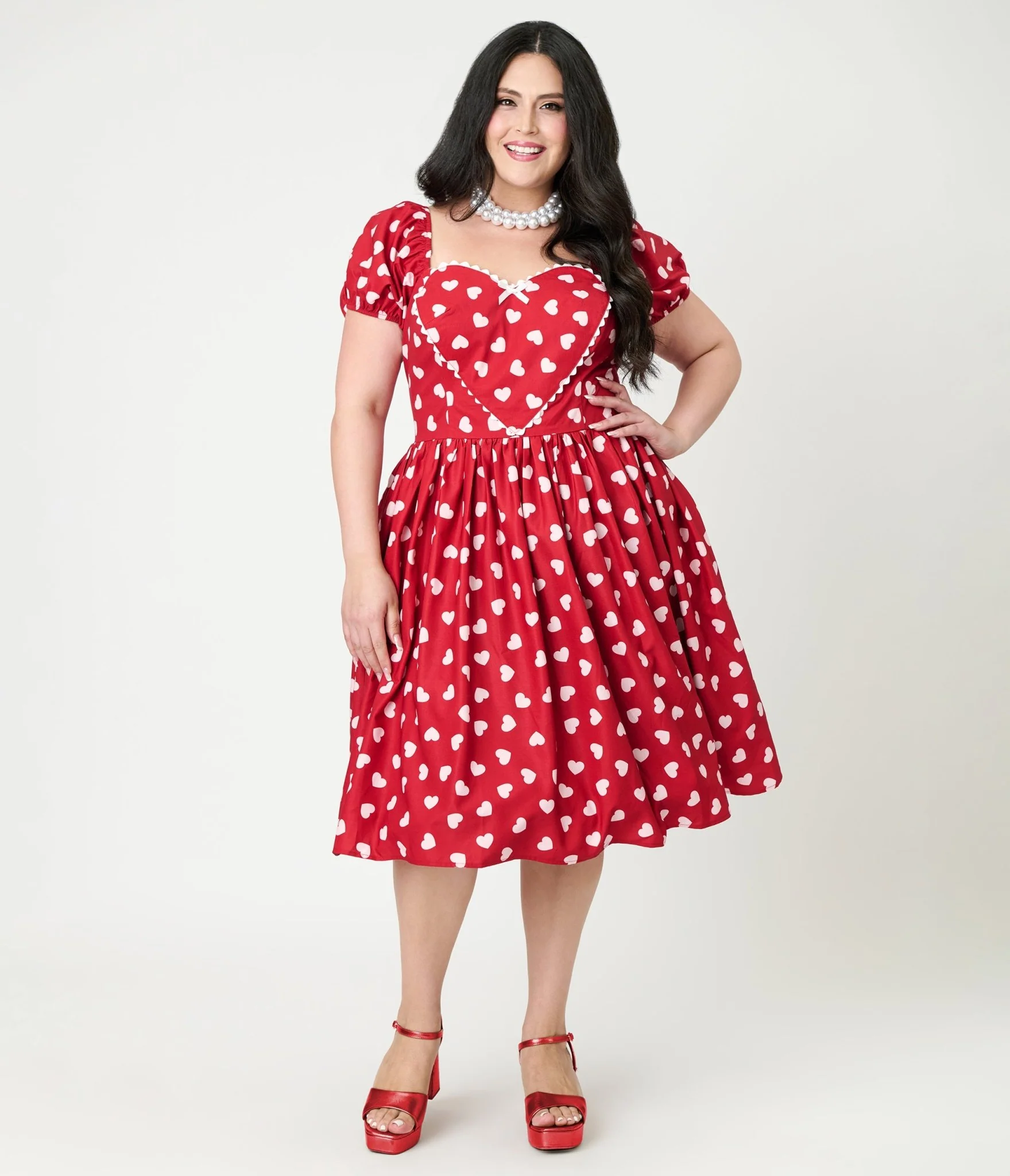 Unique Vintage Plus Size 1950s Red & Pink Heart Convertible Sweetheart Dress - Image 3
