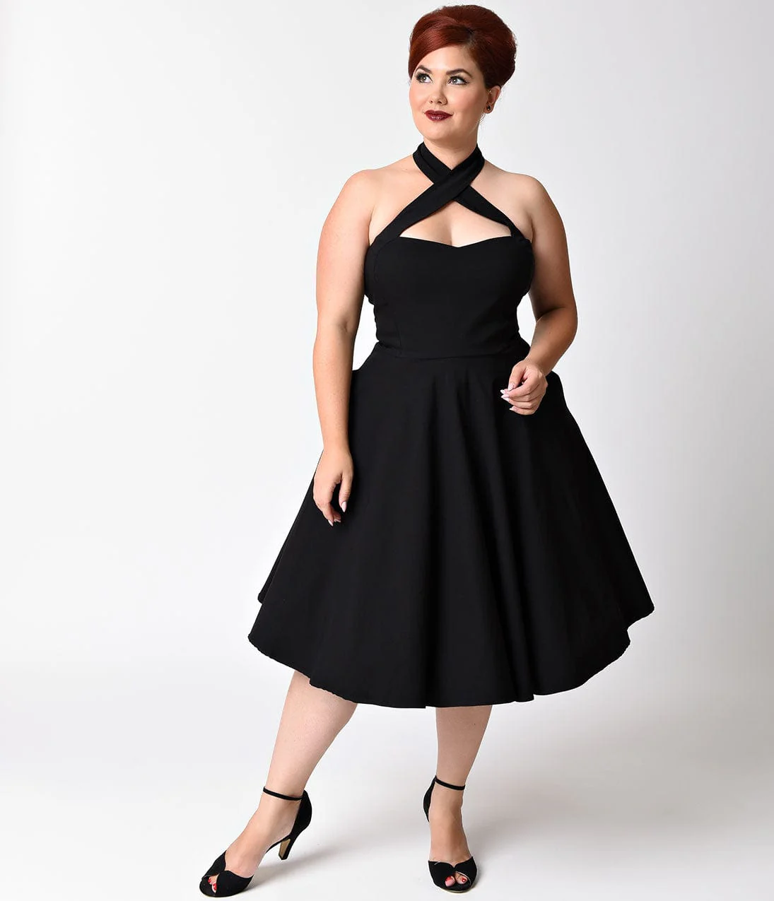Unique Vintage Plus Size Black Criss Cross Halter Rita Flare Dress - Image 3