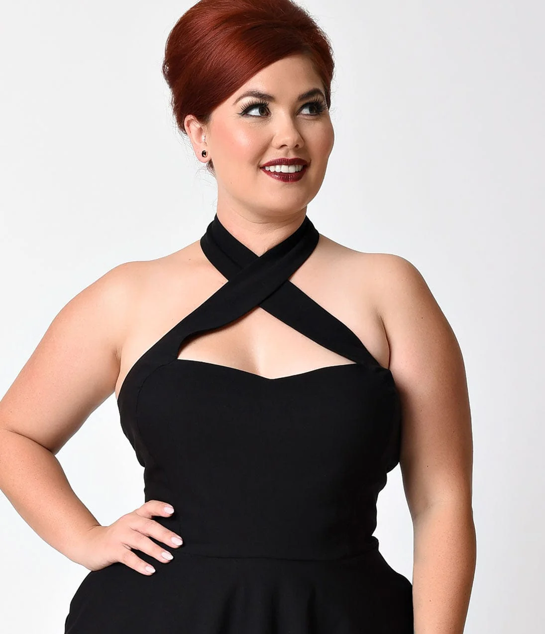Unique Vintage Plus Size Black Criss Cross Halter Rita Flare Dress - Image 4