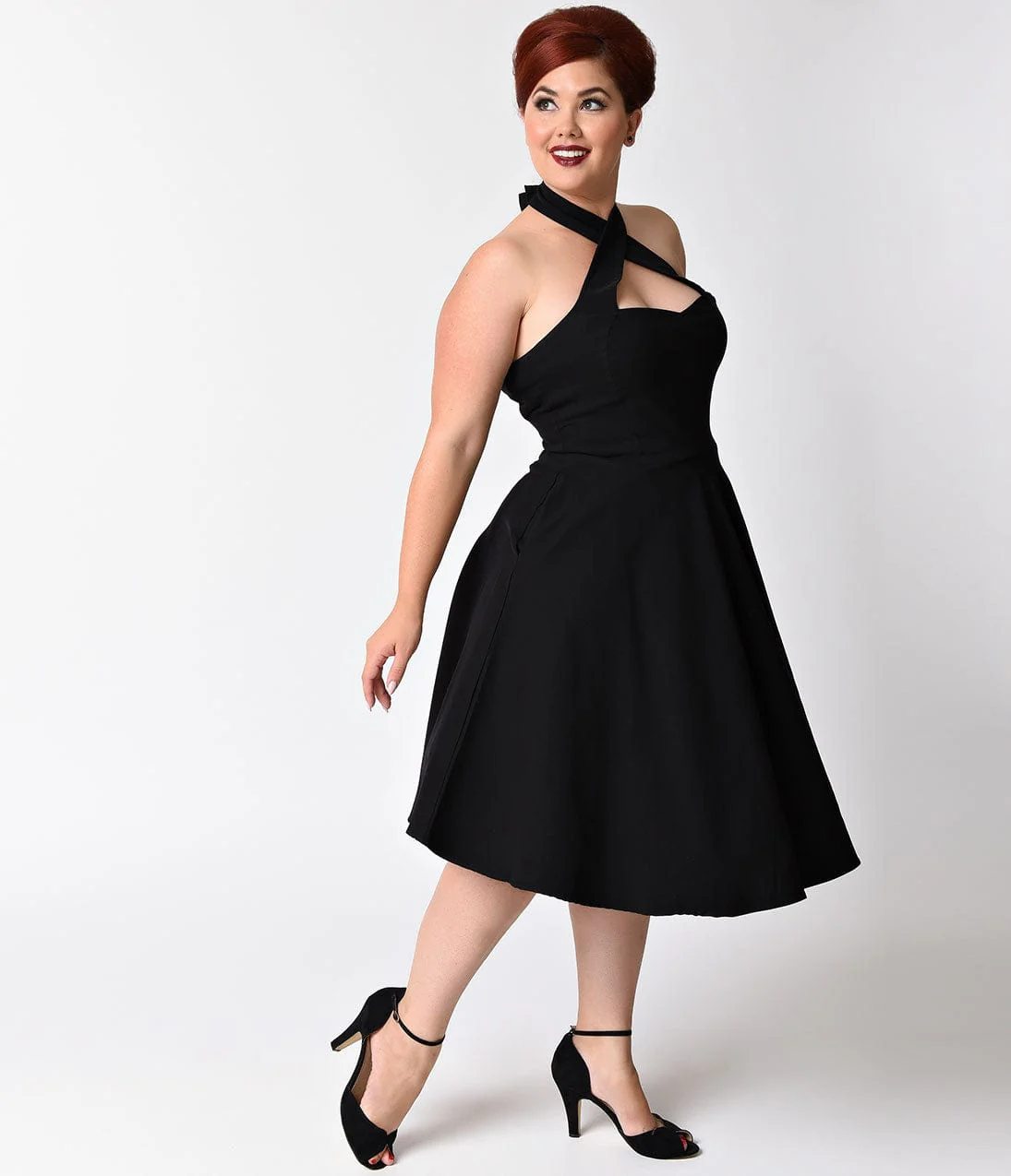 Unique Vintage Plus Size Black Criss Cross Halter Rita Flare Dress - Image 5