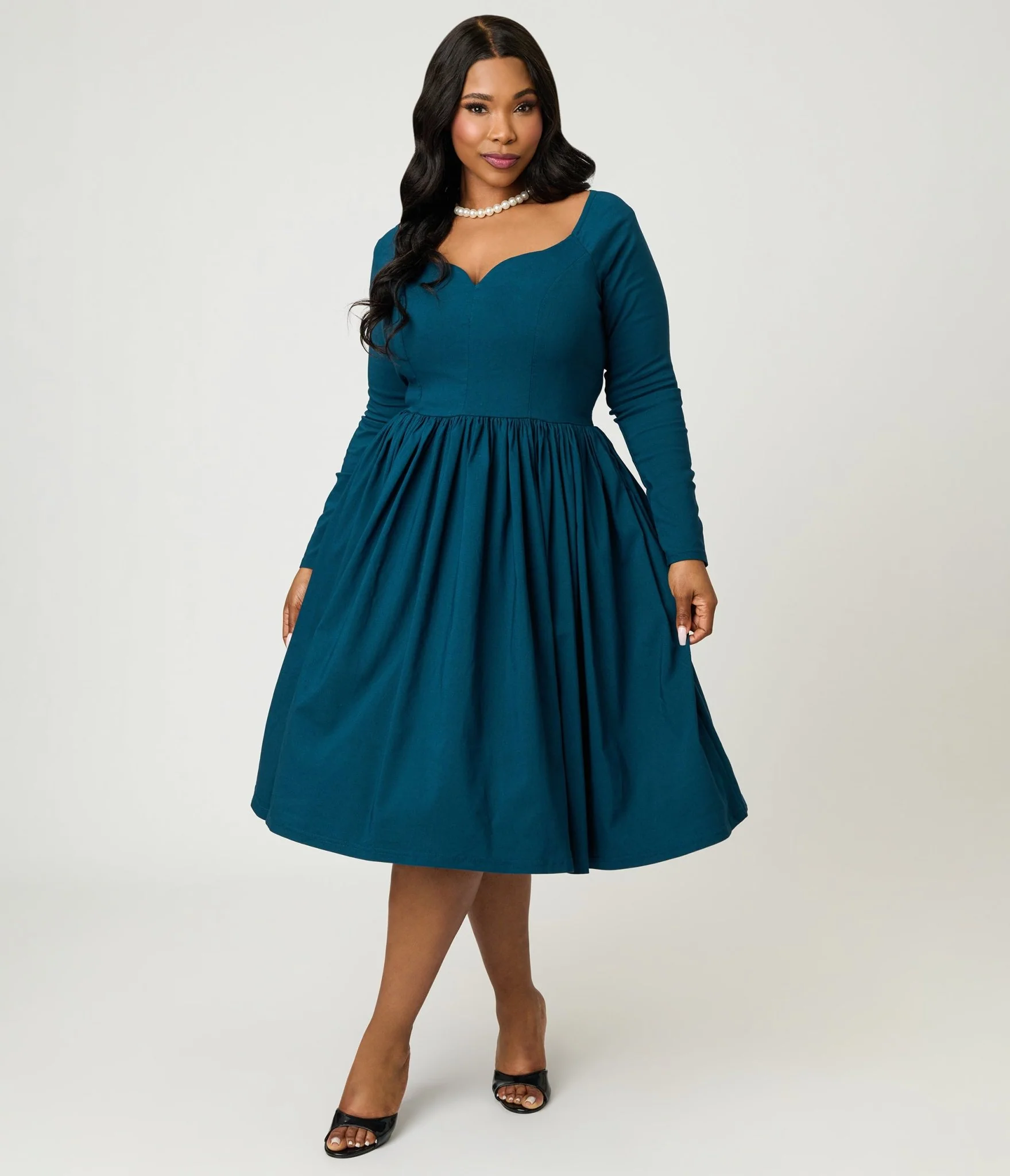 Unique Vintage Plus Size 1950s Teal Sweetheart Swing Dress - Image 3