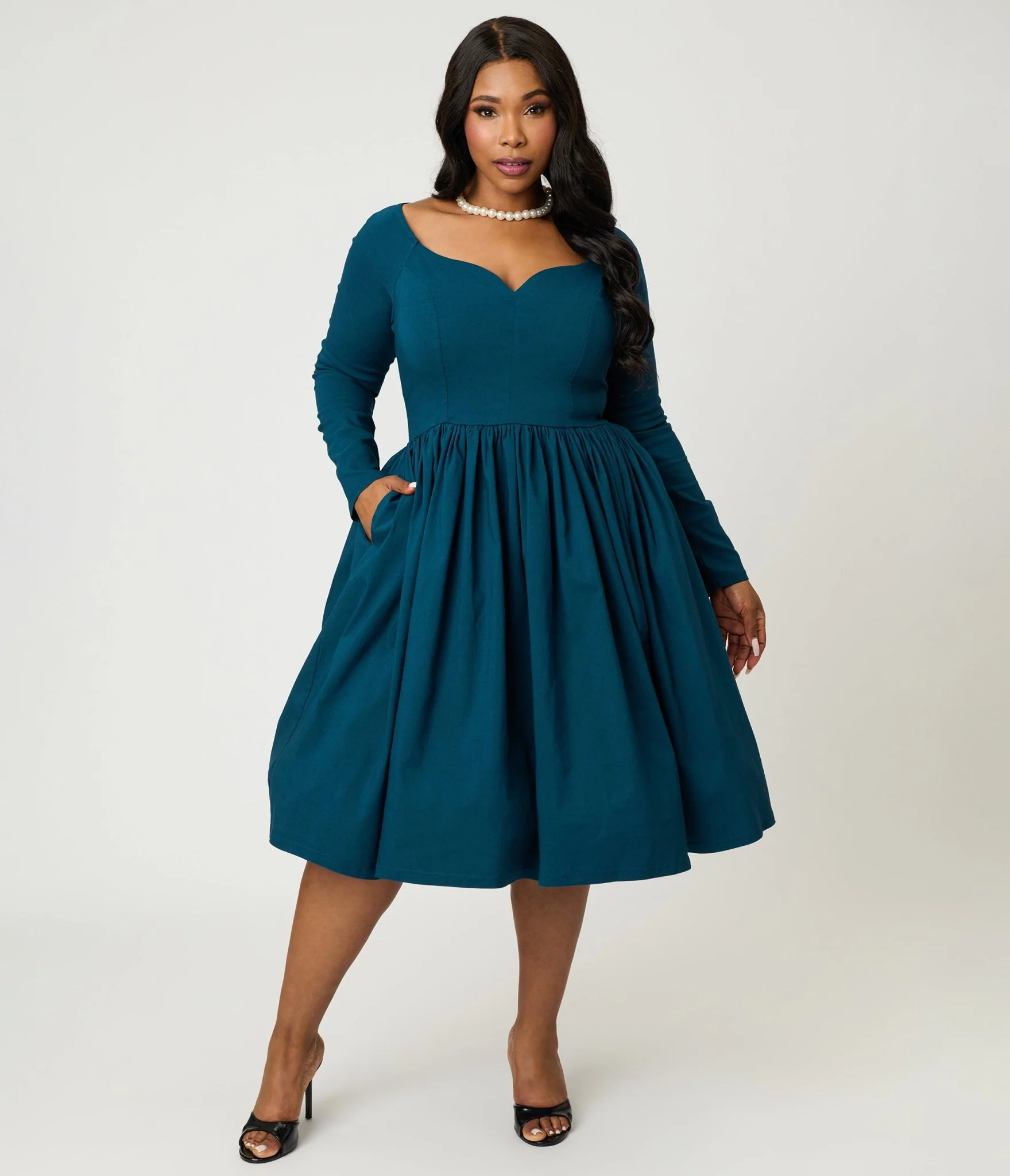 Unique Vintage Plus Size 1950s Teal Sweetheart Swing Dress - Image 4