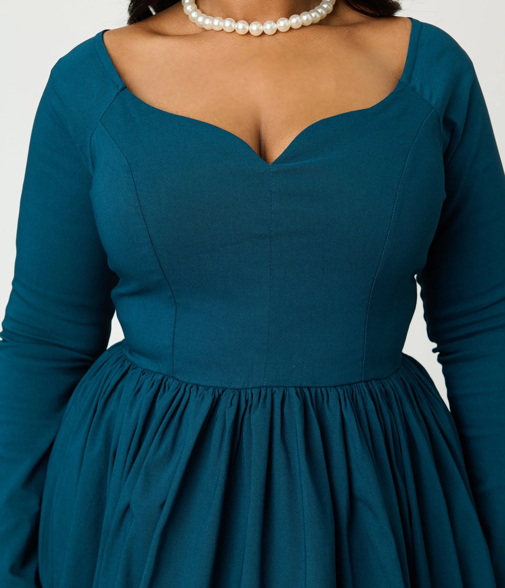 Unique Vintage Plus Size 1950s Teal Sweetheart Swing Dress - Image 5