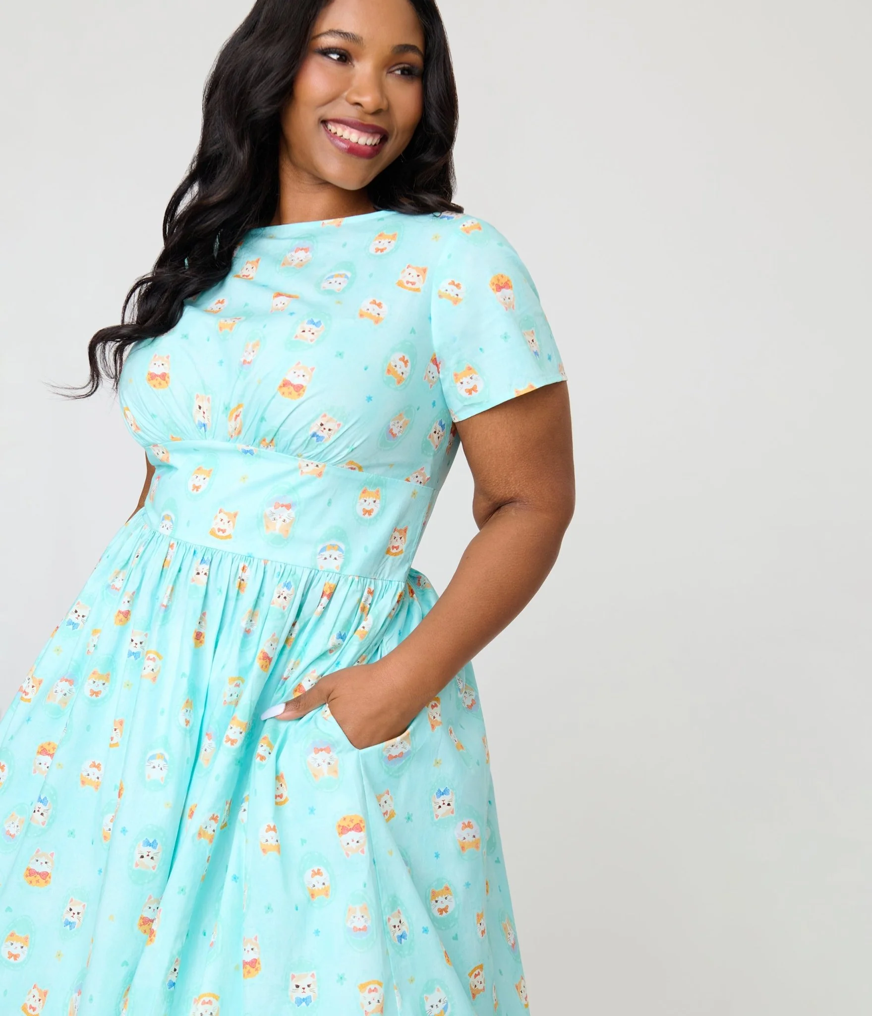 Unique Vintage Plus Size Baby Blue Cat Print Swing Dress - Image 3