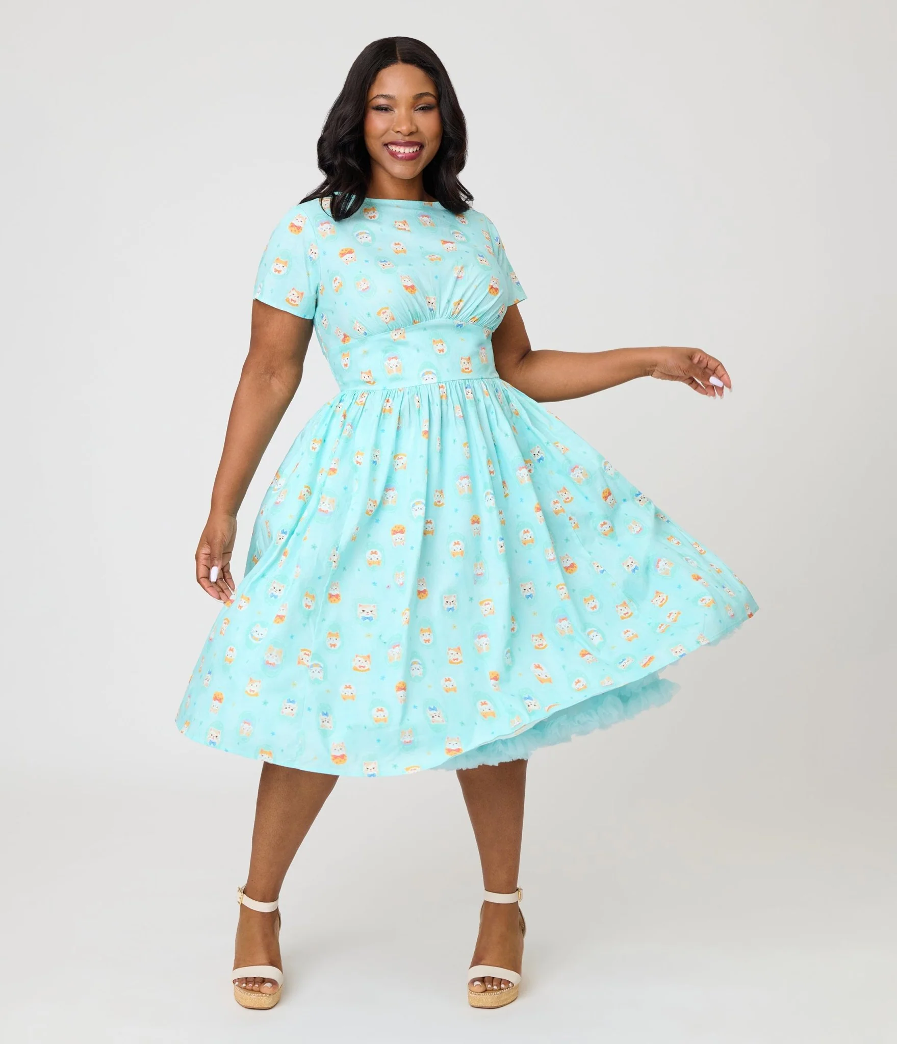 Unique Vintage Plus Size Baby Blue Cat Print Swing Dress - Image 4