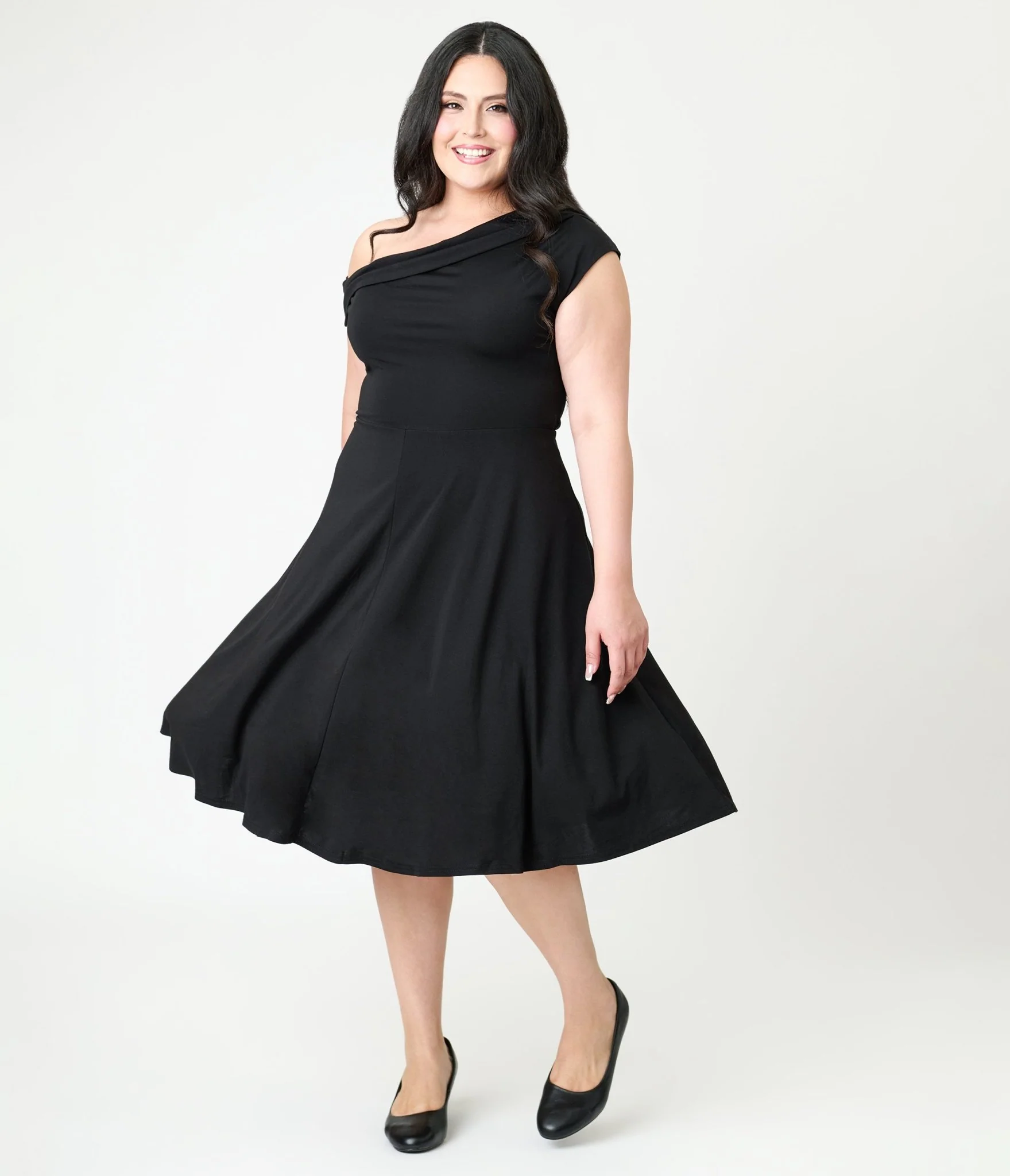 Unique Vintage Plus Size Black Asymmetrical Neck Swing Dress - Image 3