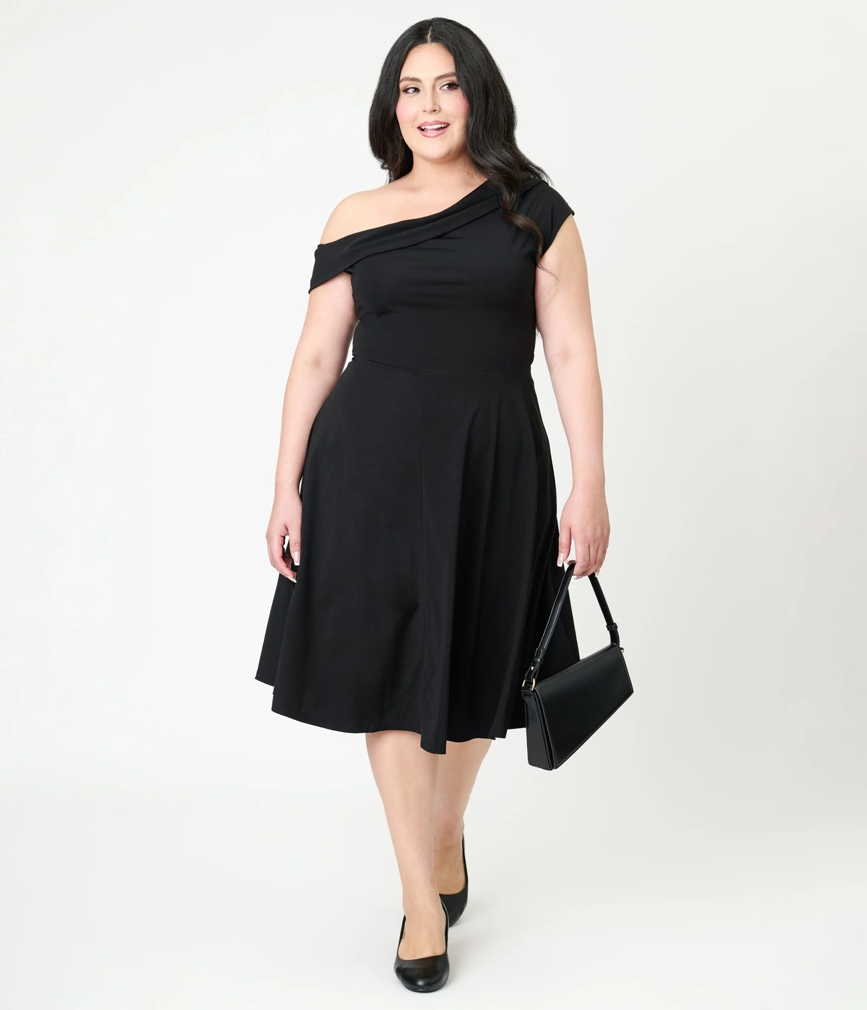 Unique Vintage Plus Size Black Asymmetrical Neck Swing Dress - Image 4