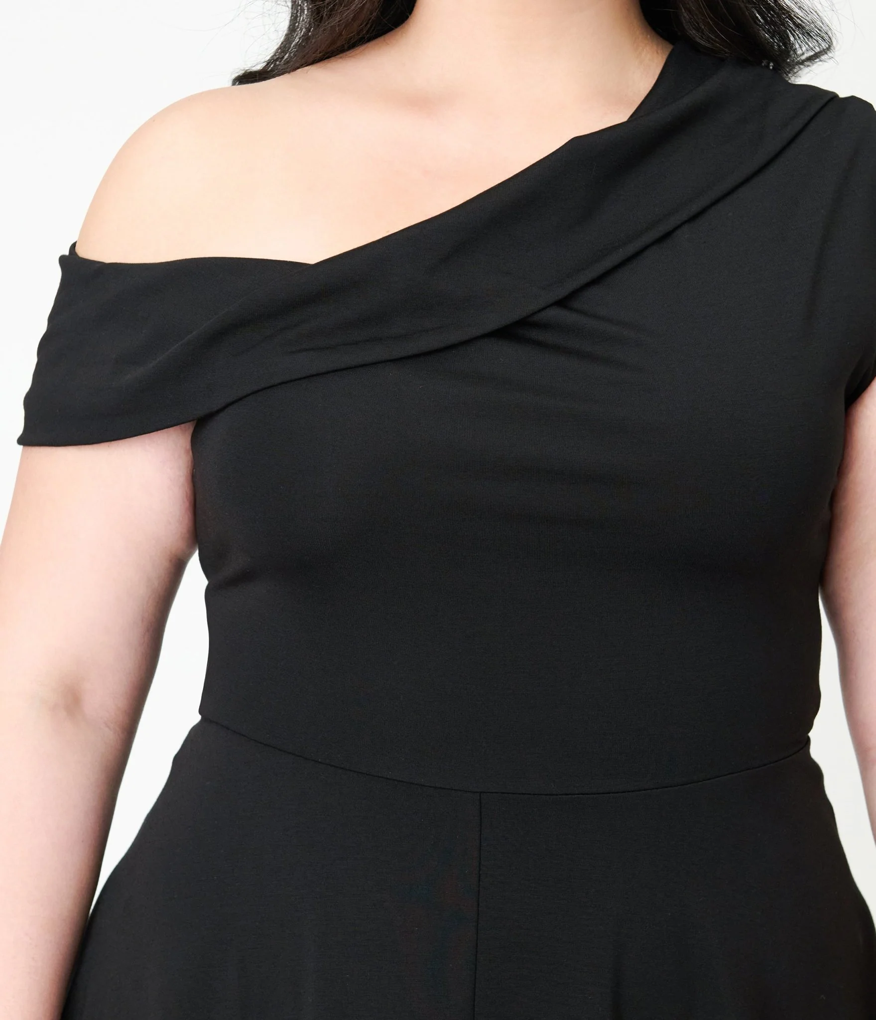 Unique Vintage Plus Size Black Asymmetrical Neck Swing Dress - Image 5