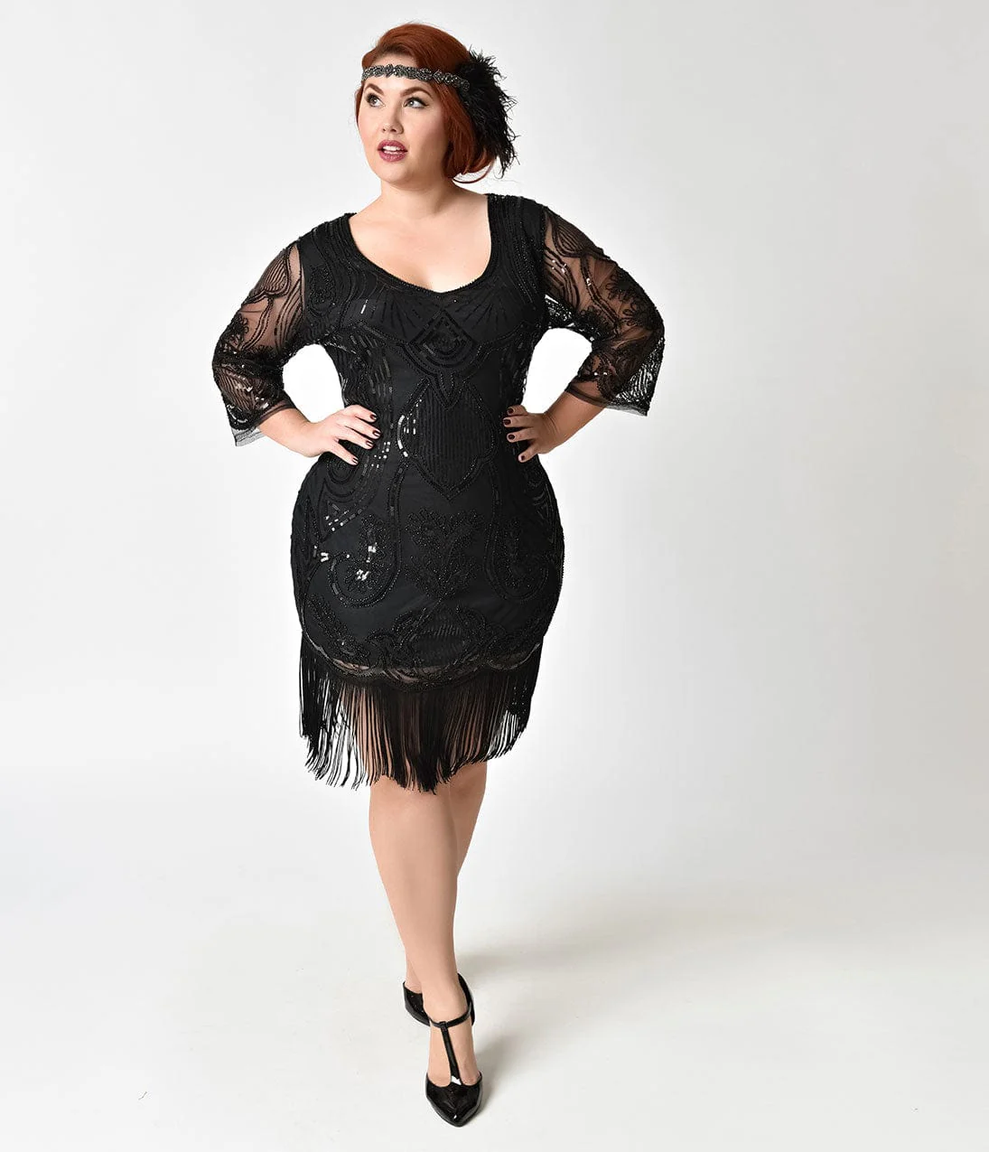 Unique Vintage Plus Size 1920s Black Beaded & Sequin Margaux Sleeved Fringe Flapper Dress - Image 3