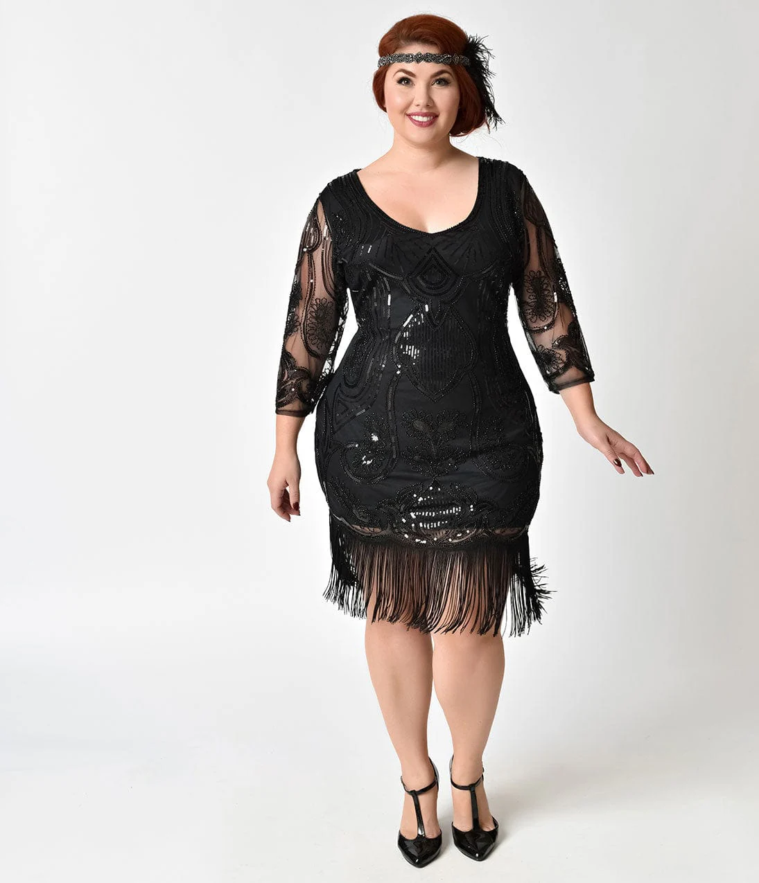 Unique Vintage Plus Size 1920s Black Beaded & Sequin Margaux Sleeved Fringe Flapper Dress - Image 4