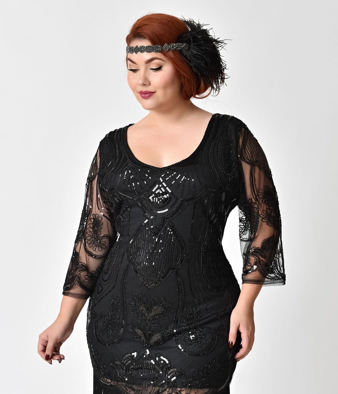 Unique Vintage Plus Size 1920s Black Beaded & Sequin Margaux Sleeved Fringe Flapper Dress - Image 5