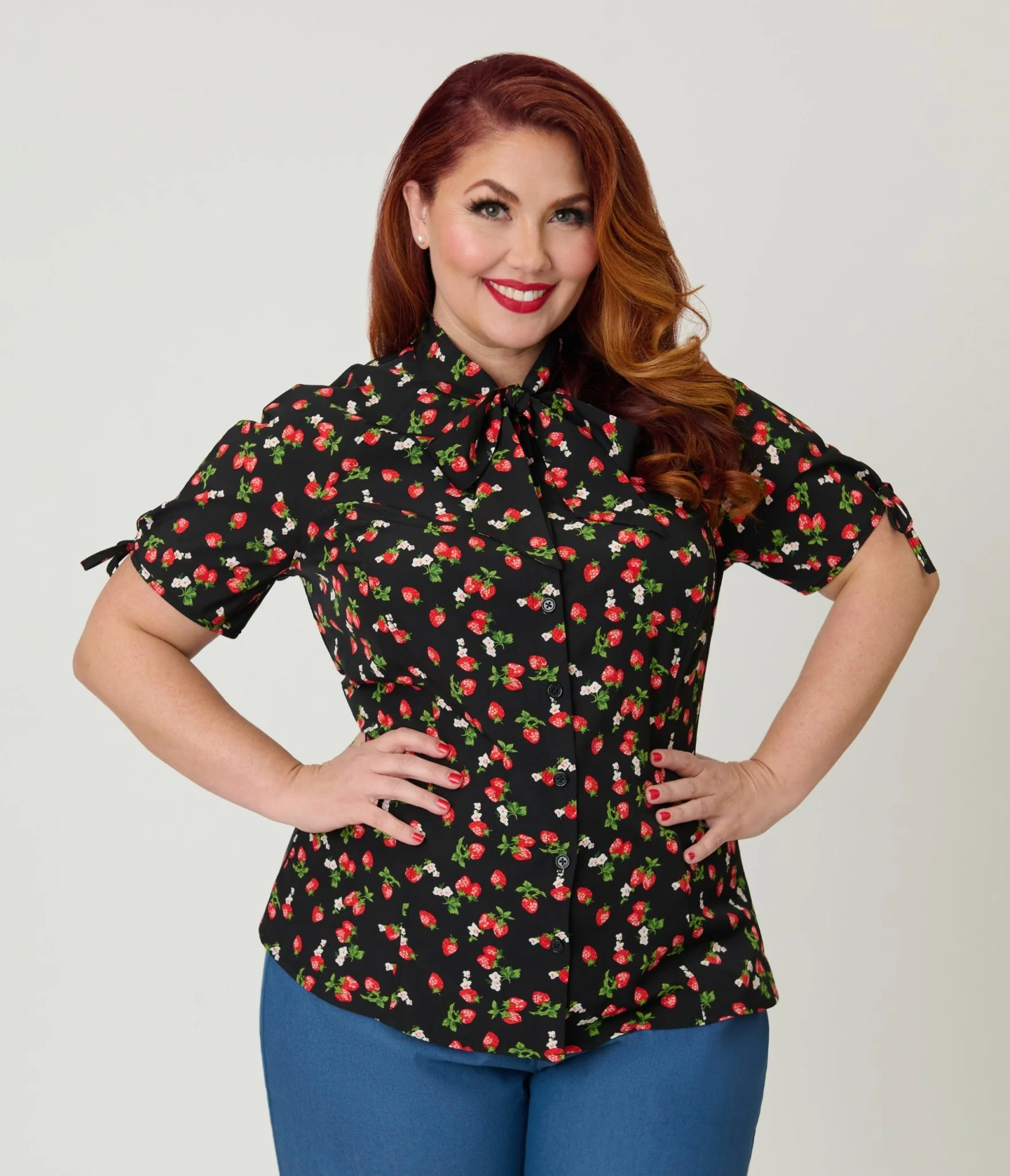 Unique Vintage Plus Size Black & Berries Print Chita Blouse - Image 3