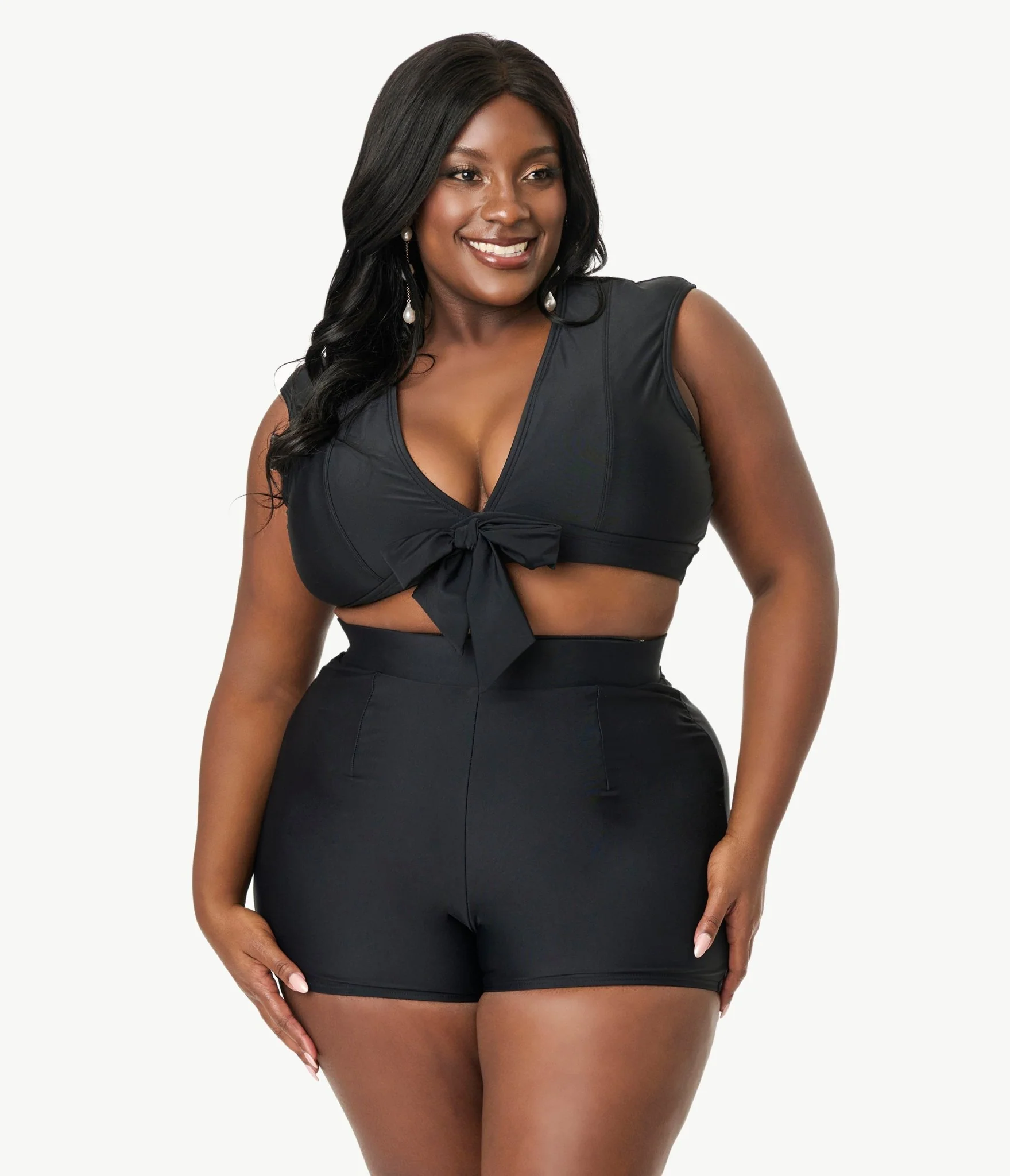 Unique Vintage Plus Size Black Bow Swim Top