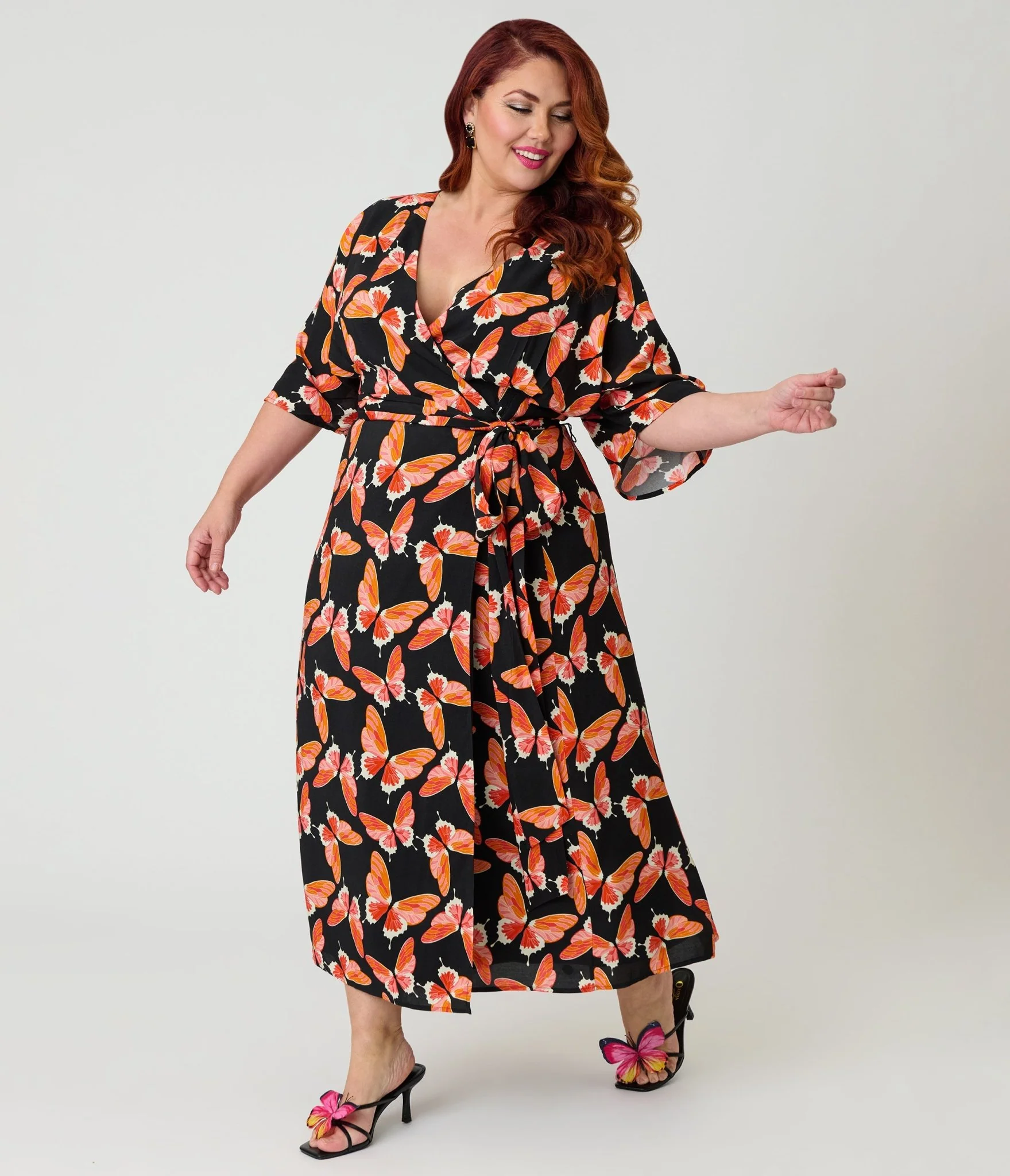 Unique Vintage Plus Size Black Butterfly Print Wrap Midi Dress