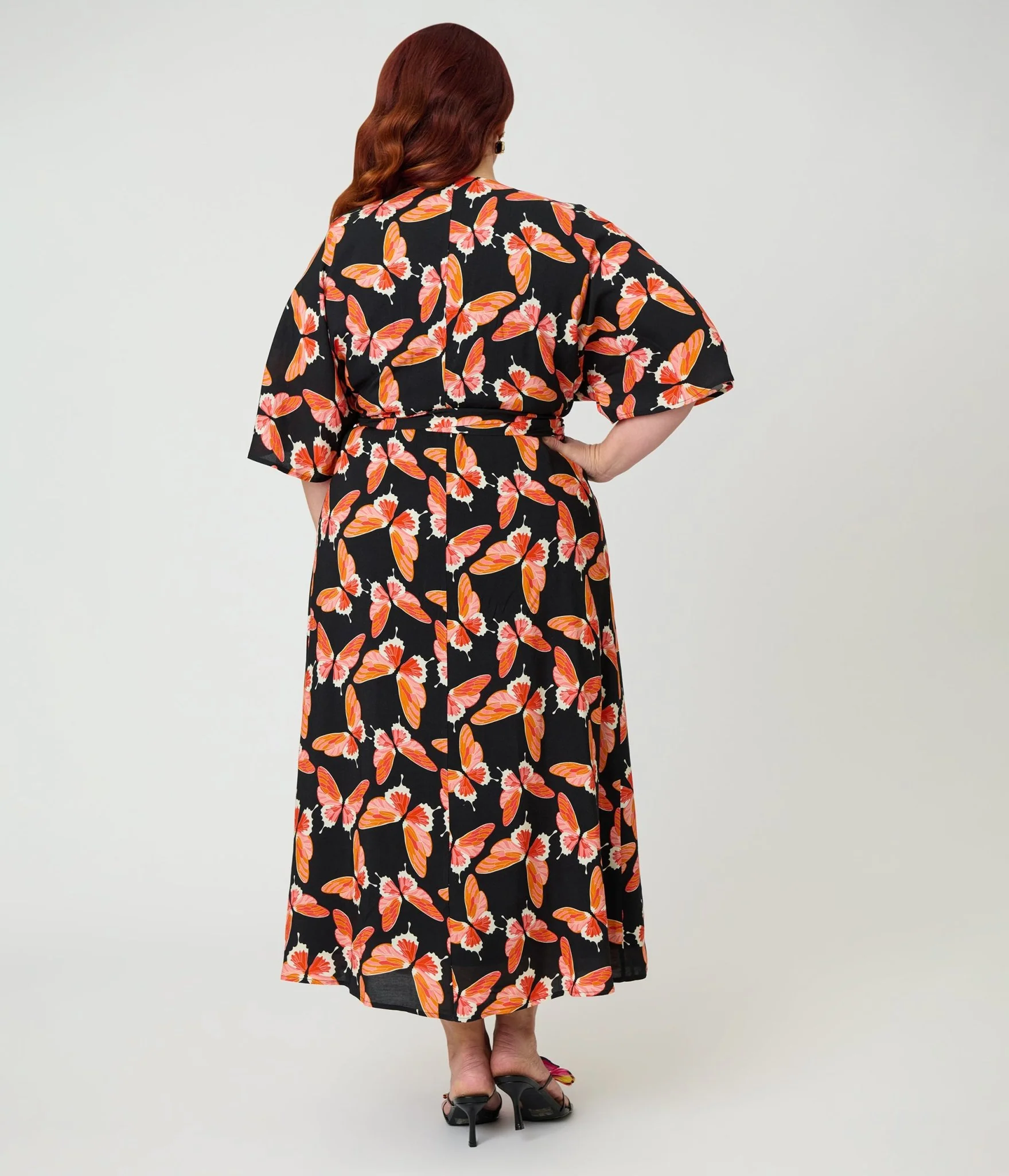 Unique Vintage Plus Size Black Butterfly Print Wrap Midi Dress - Image 2
