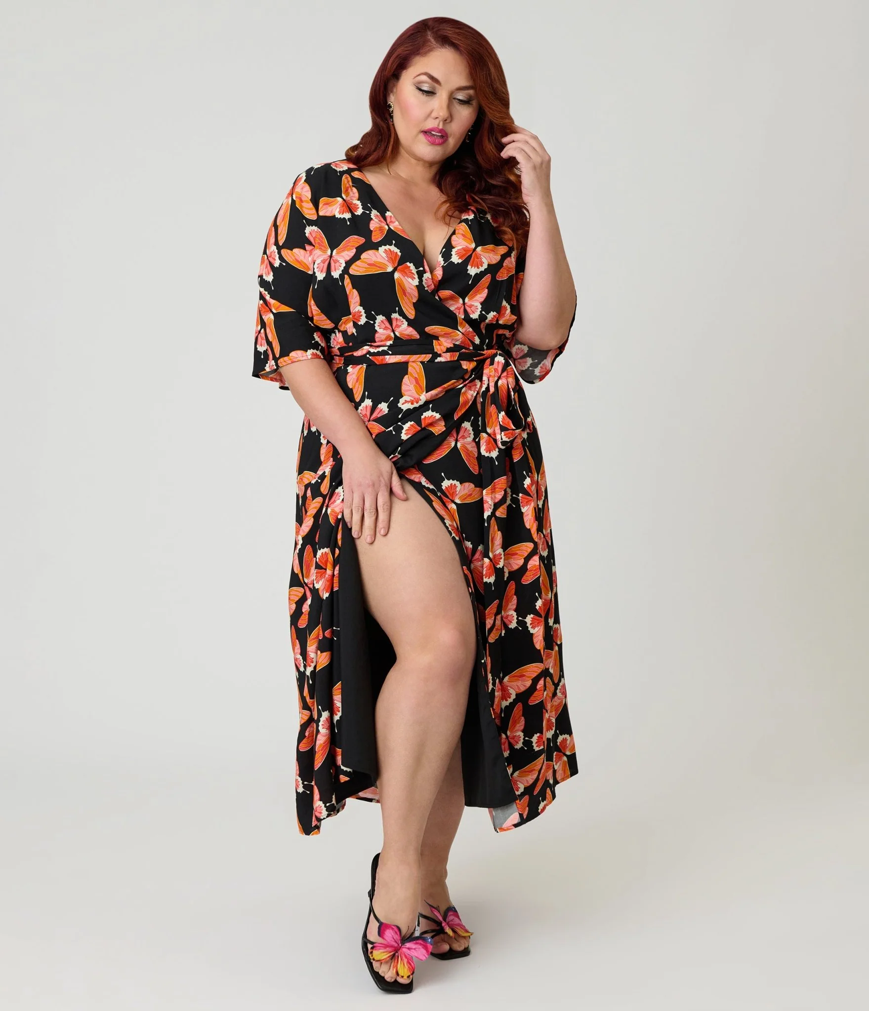 Unique Vintage Plus Size Black Butterfly Print Wrap Midi Dress - Image 3