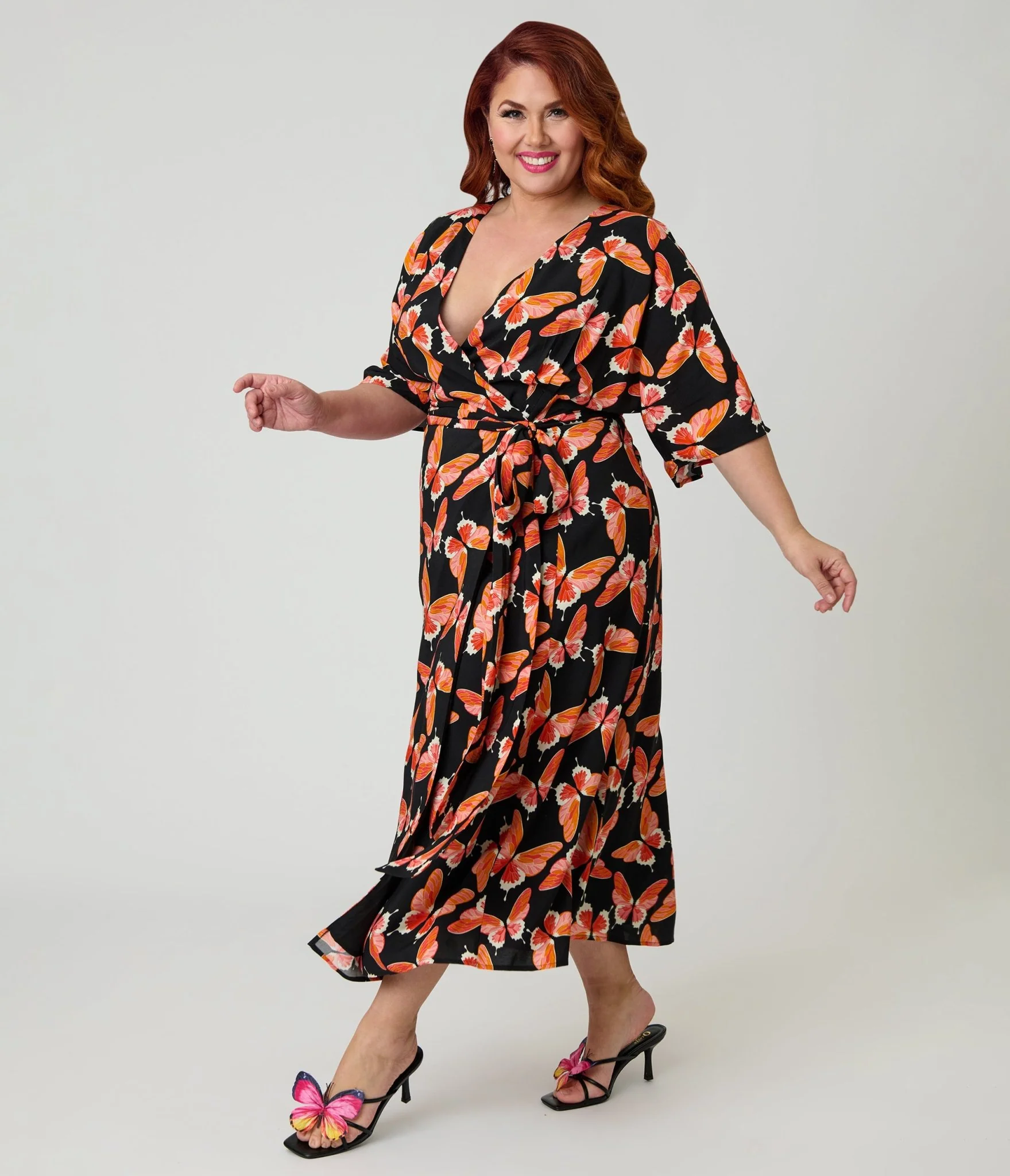 Unique Vintage Plus Size Black Butterfly Print Wrap Midi Dress - Image 4