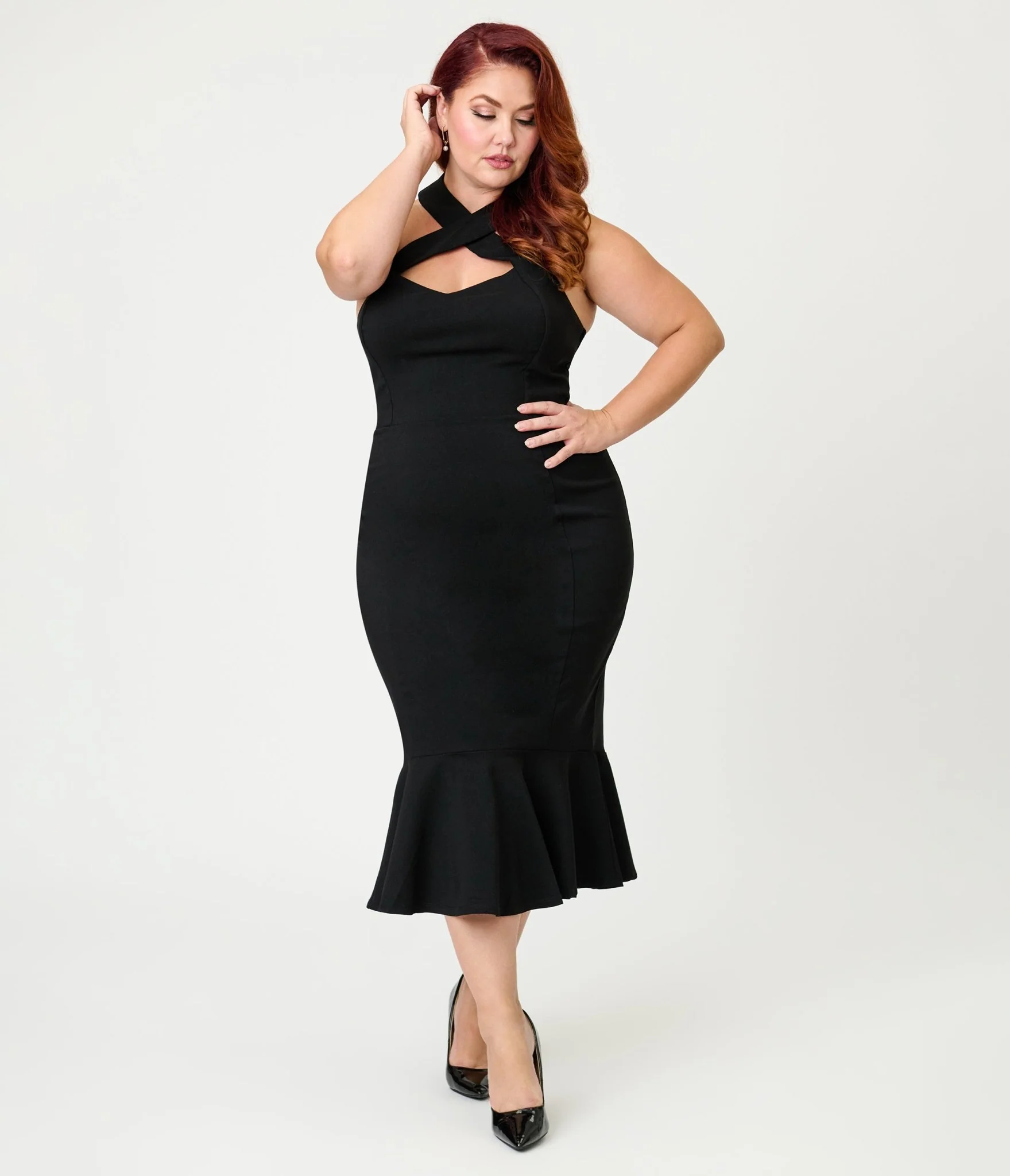 Unique Vintage Plus Size Black Criss Cross Halter Pencil Dress