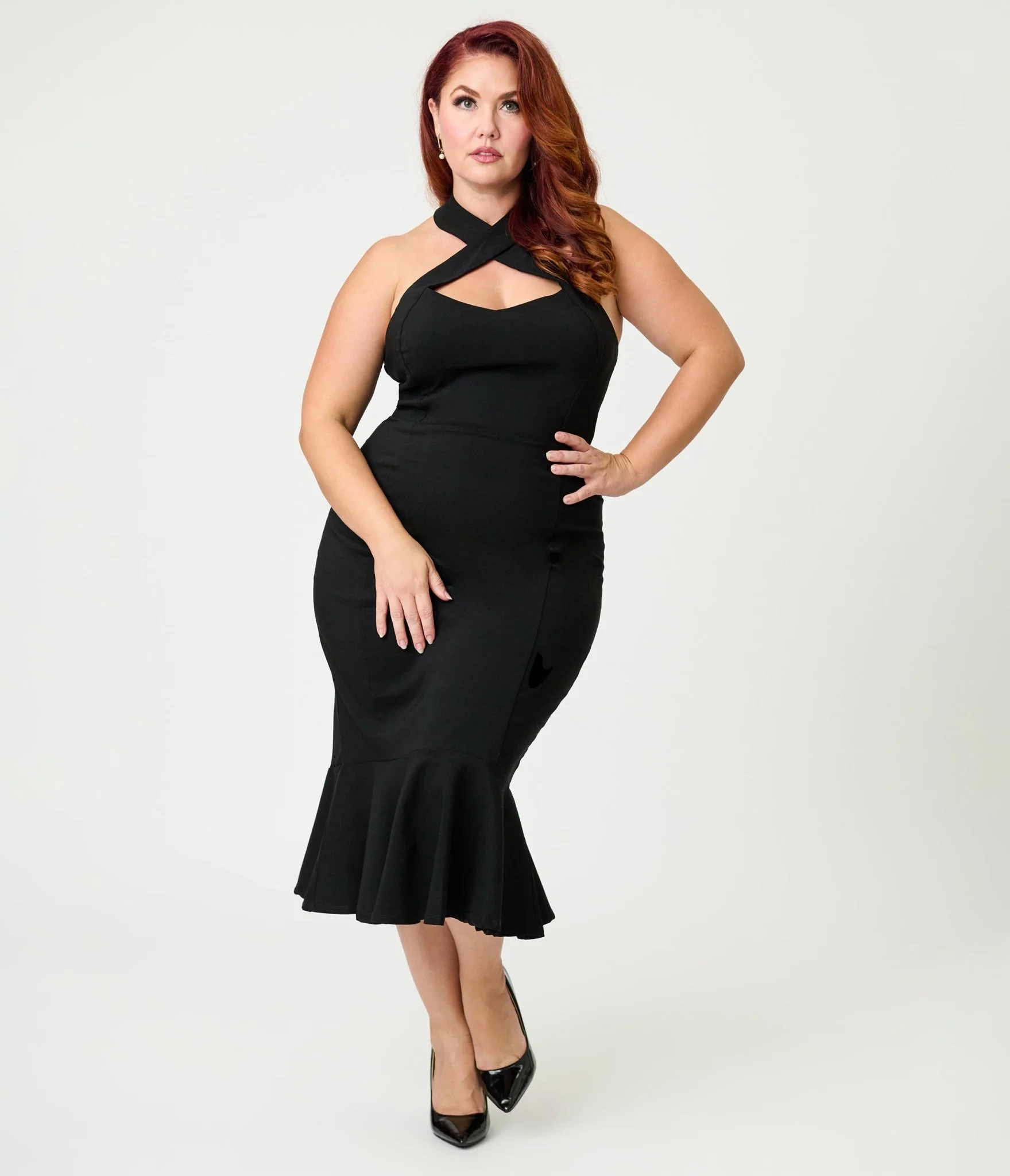 Unique Vintage Plus Size Black Criss Cross Halter Pencil Dress - Image 3