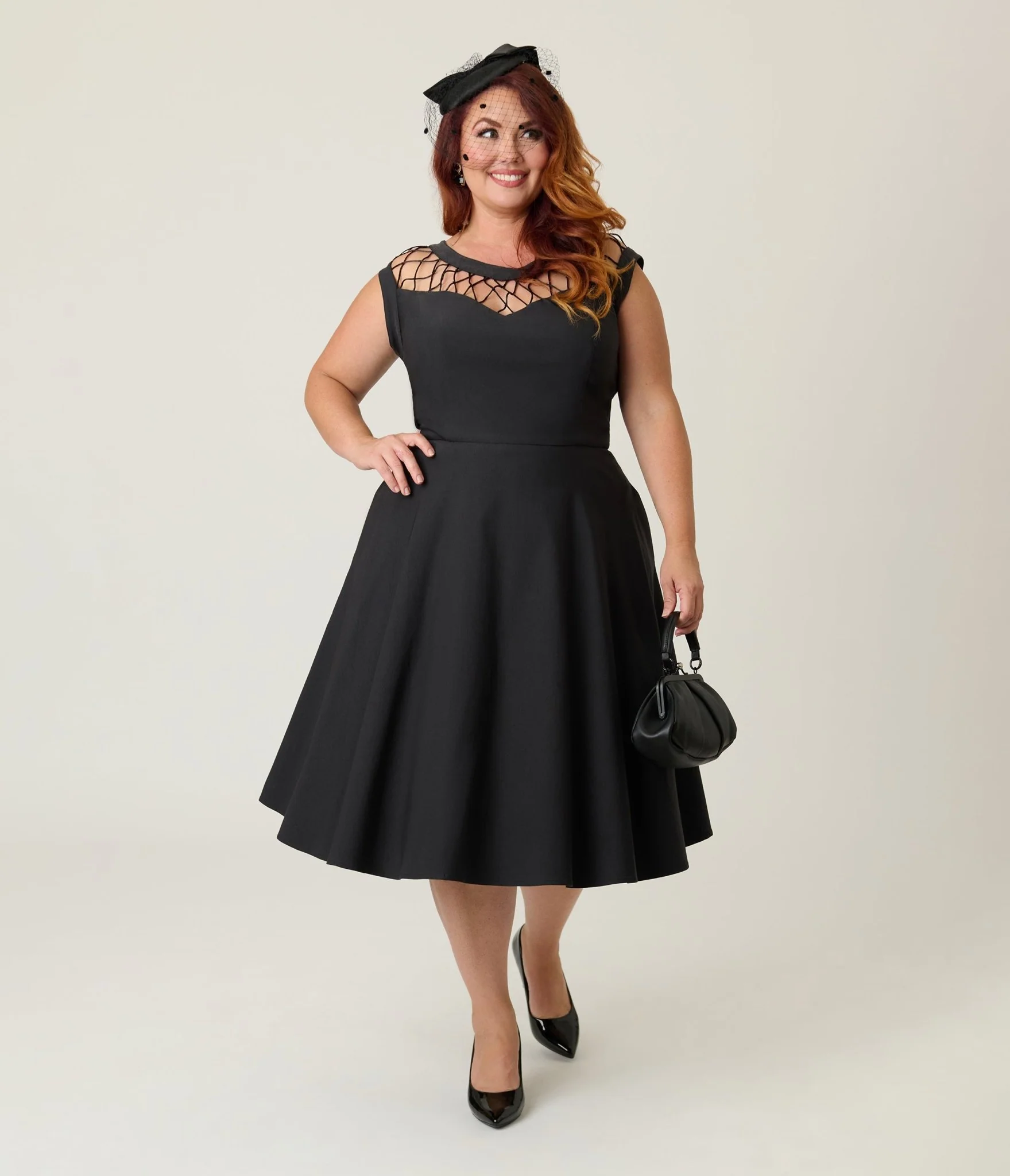 Unique Vintage Plus Size Black Diamond Cable Swing Dress