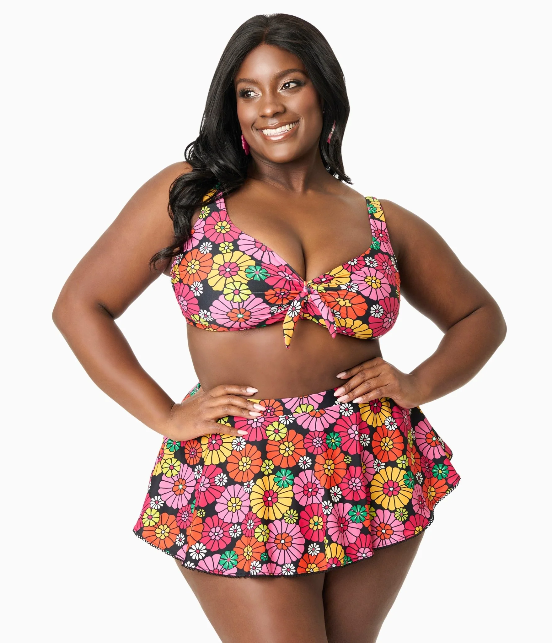 Unique Vintage Plus Size Black & Flower Child Print Swim Top