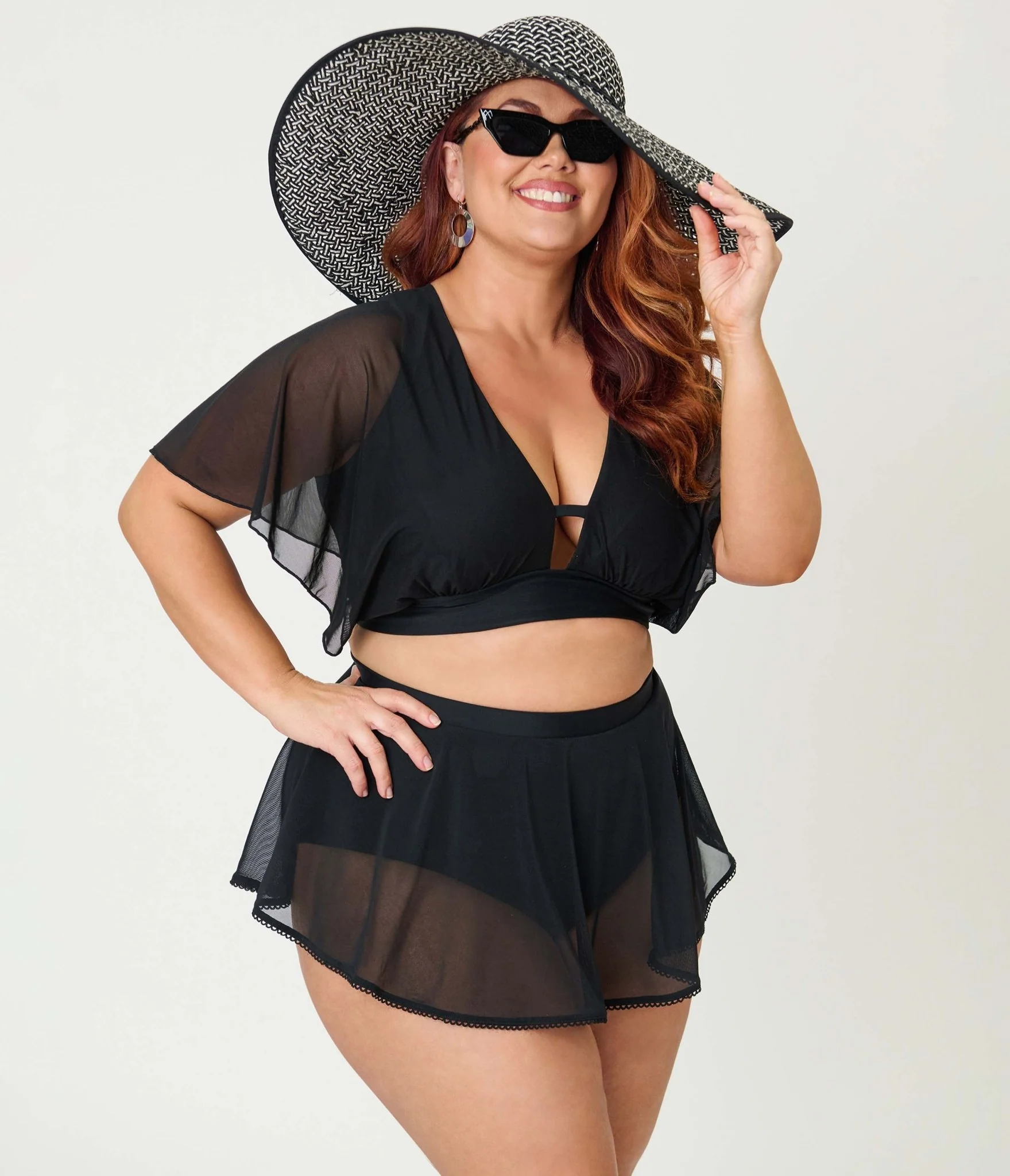 Unique Vintage Plus Size Black Flutter Sleeve Swim Top - Image 3