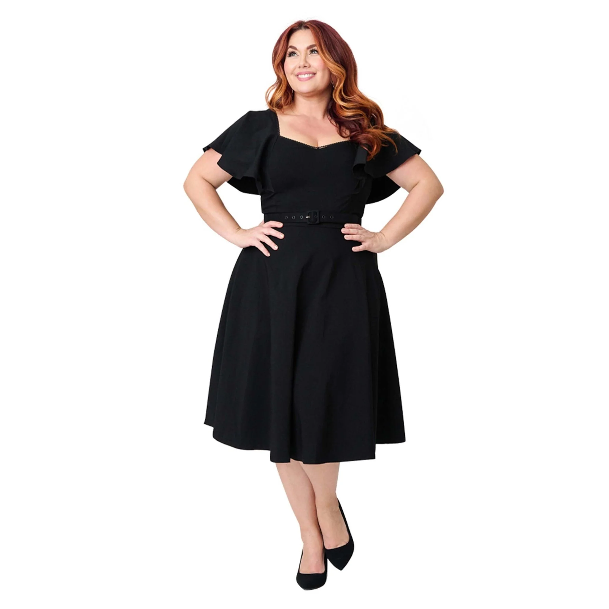 Unique Vintage Plus Size Black Flutter Sleeve Swing Dress