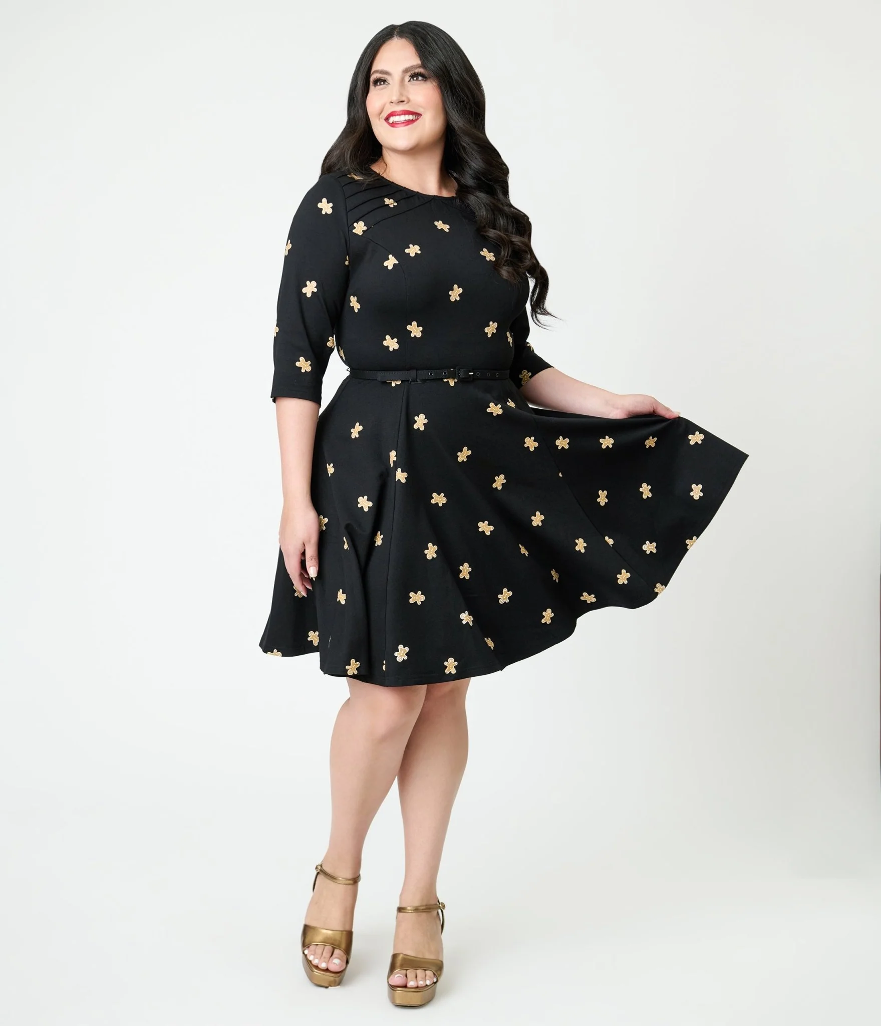 Unique Vintage Plus Size Black Gingerbread Man Print Stephanie Fit & Flare Dress