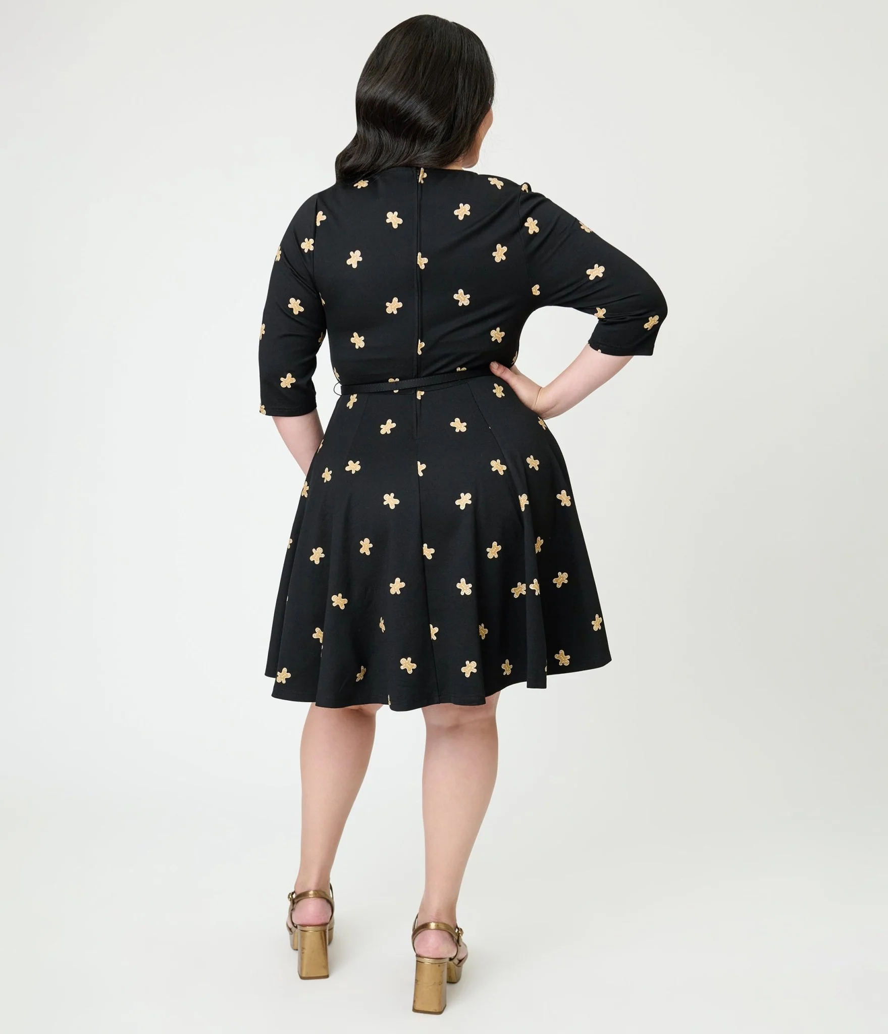 Unique Vintage Plus Size Black Gingerbread Man Print Stephanie Fit & Flare Dress - Image 2
