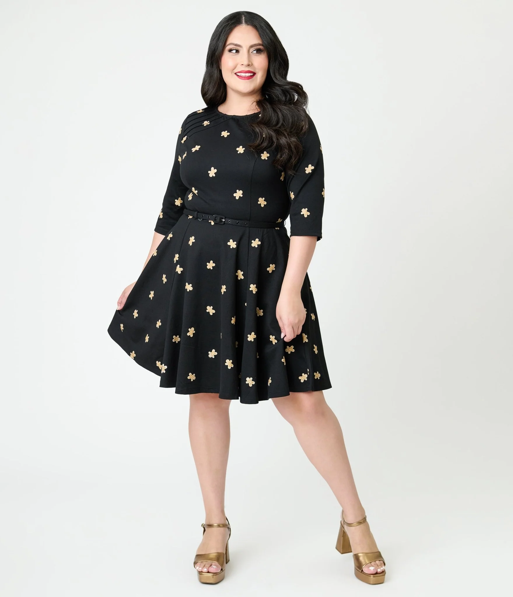 Unique Vintage Plus Size Black Gingerbread Man Print Stephanie Fit & Flare Dress - Image 3