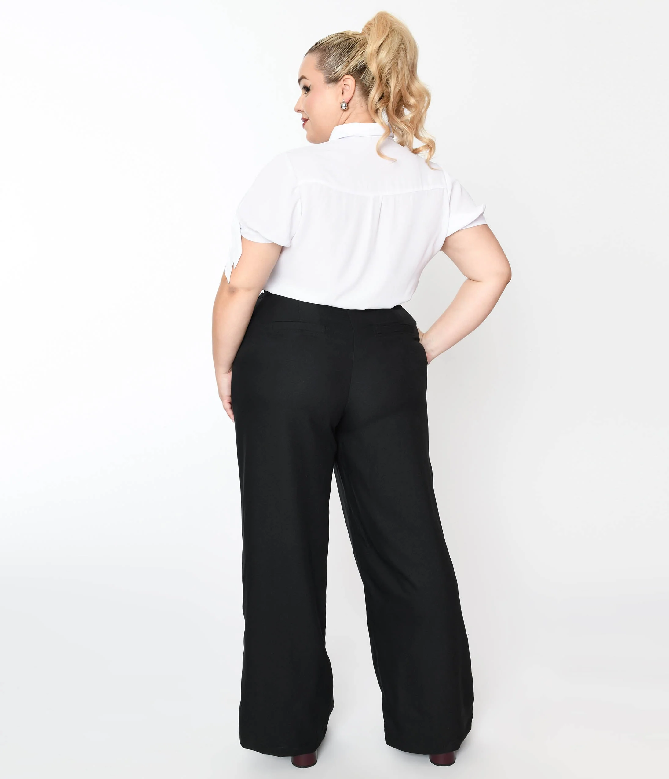 Unique Vintage Plus Size 1940s Black High Waist Wide Leg Tab Pants - Image 3