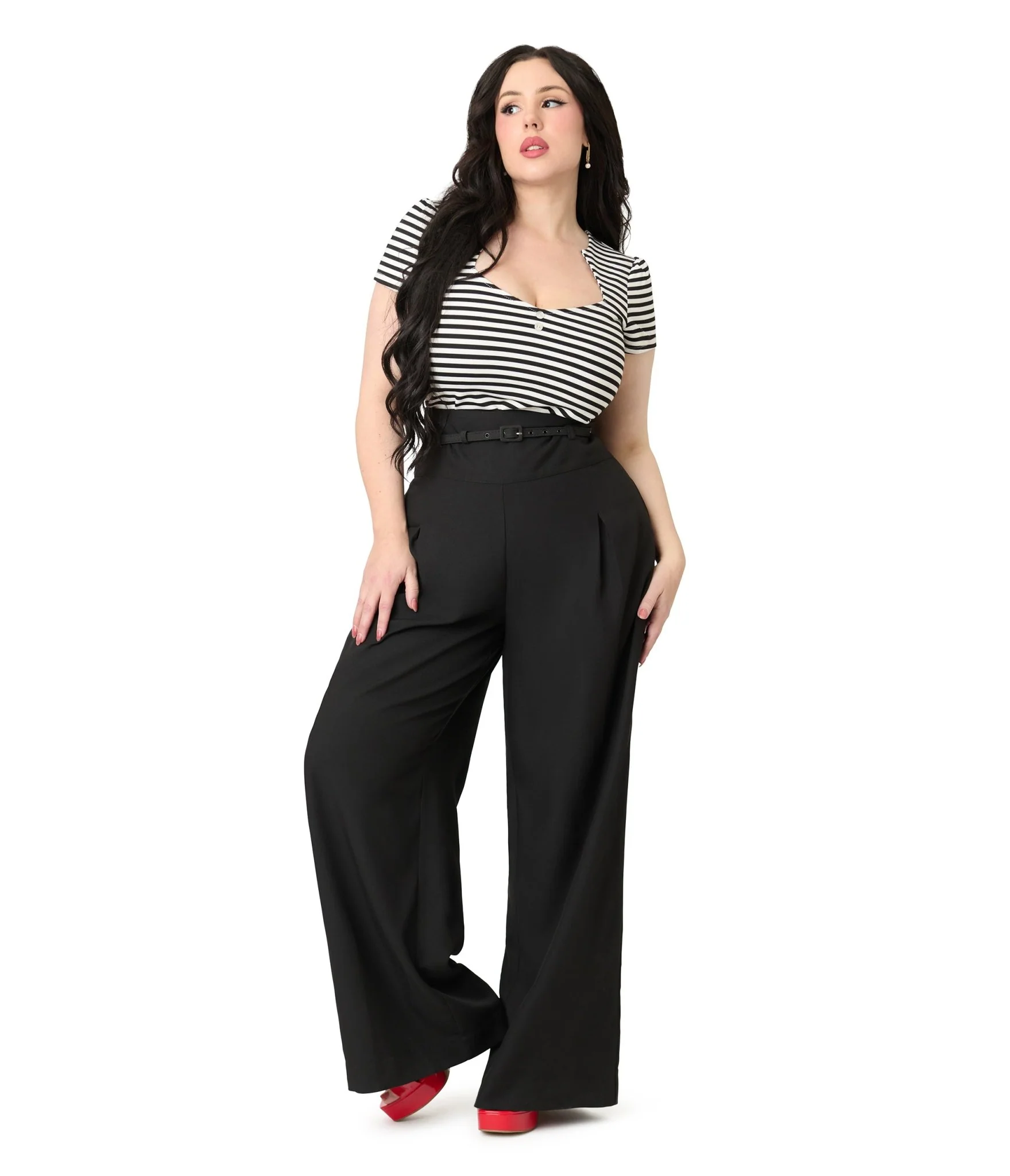 Unique Vintage Plus Size Black Wide Leg Pleated Pants - Image 4