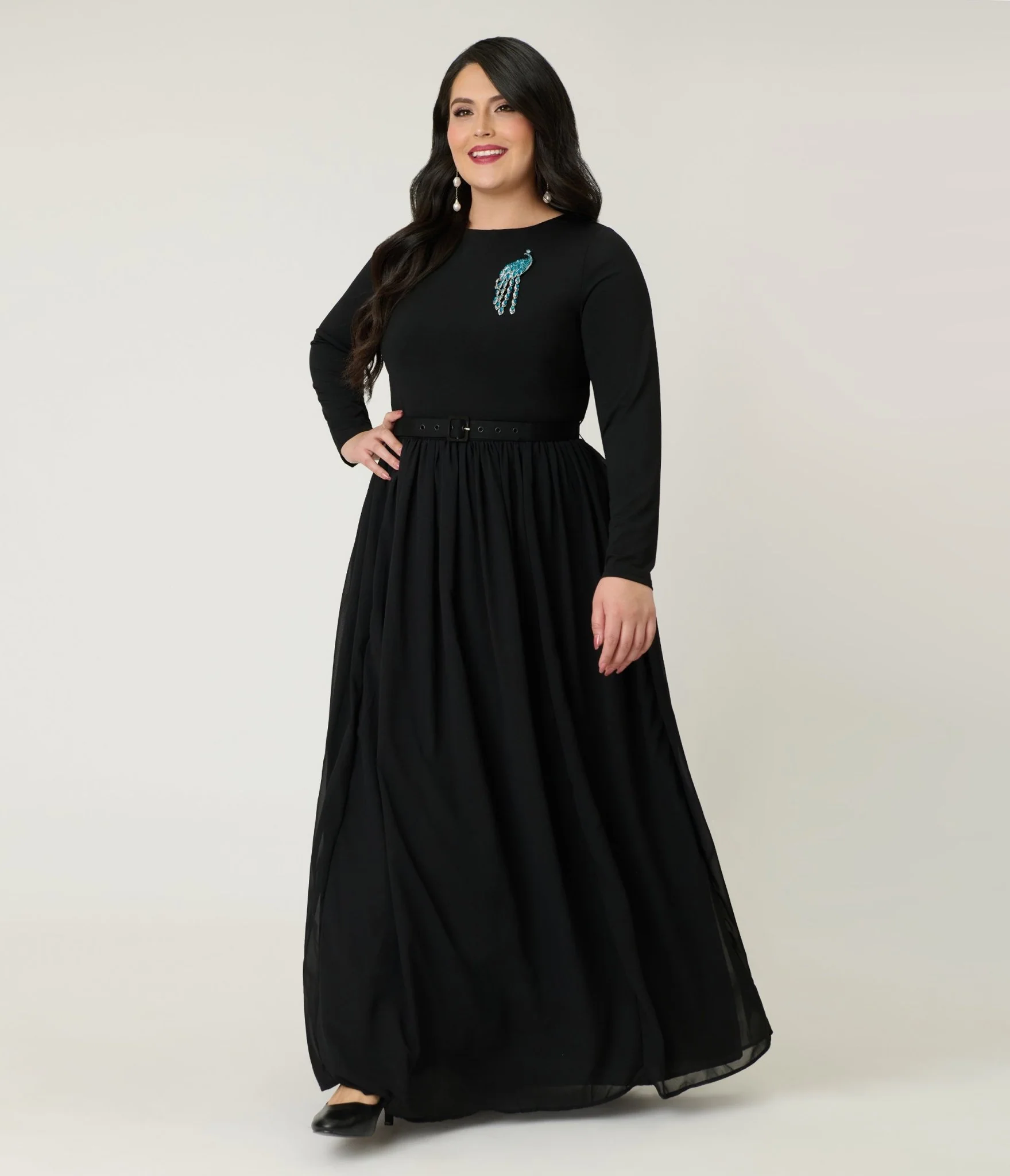 Unique Vintage Plus Size Black & Peacock Brooch Maxi Dress