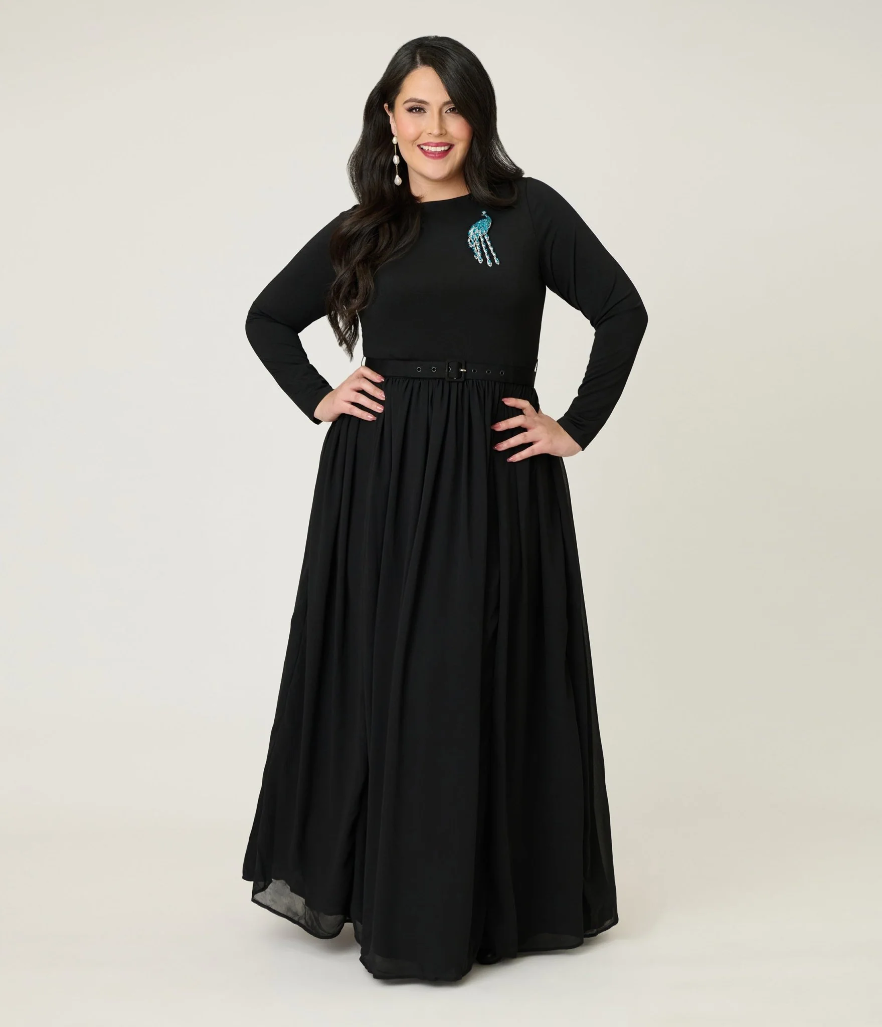 Unique Vintage Plus Size Black & Peacock Brooch Maxi Dress - Image 3
