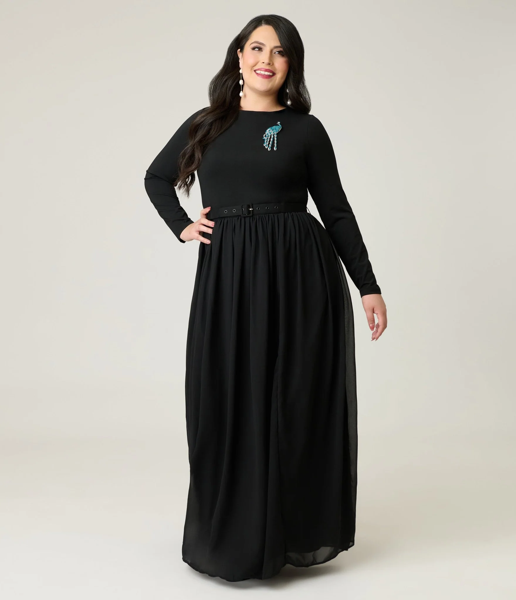 Unique Vintage Plus Size Black & Peacock Brooch Maxi Dress - Image 4
