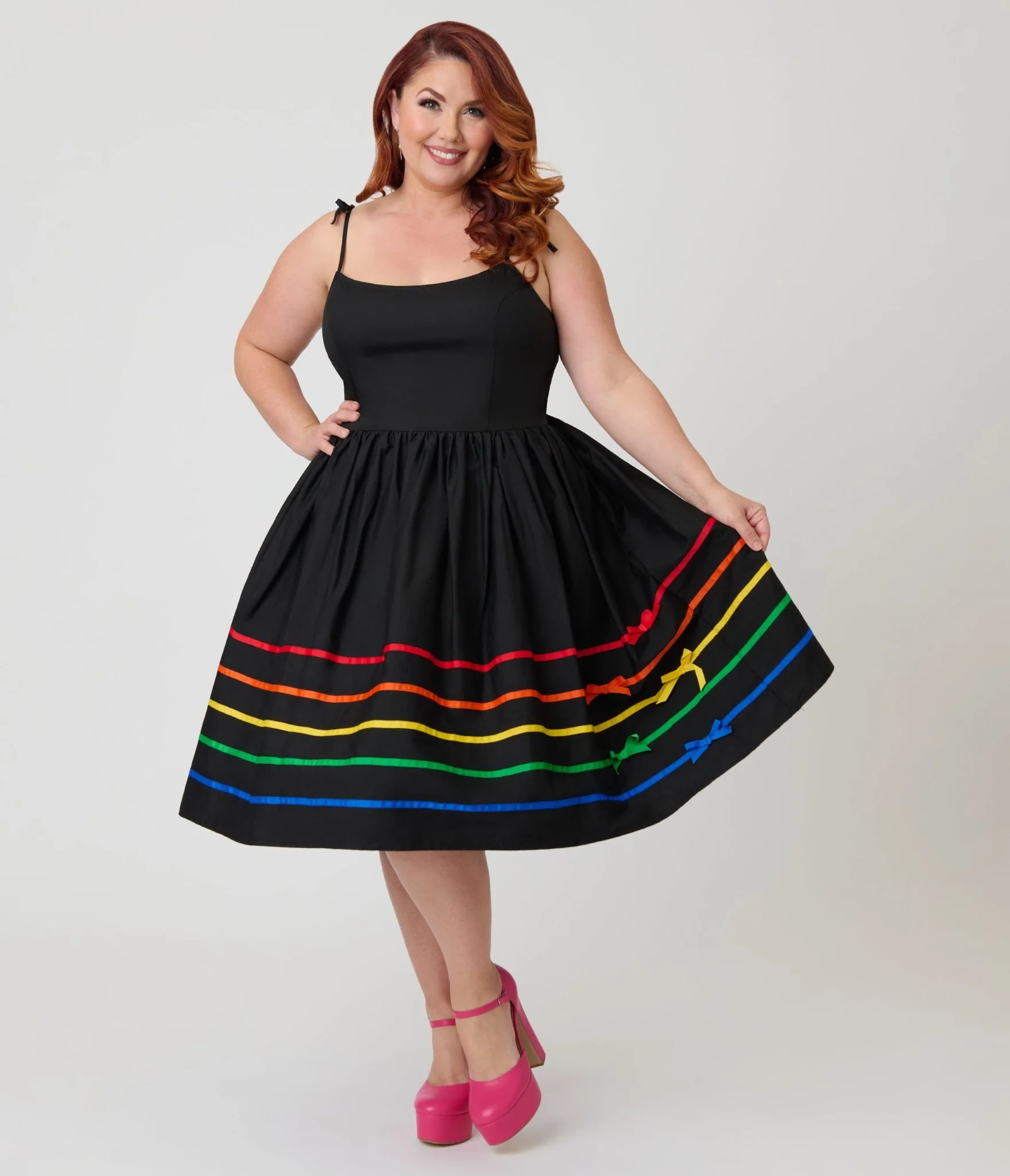 Unique Vintage Plus Size Black & Rainbow Ribbon Bobbie Swing Dress
